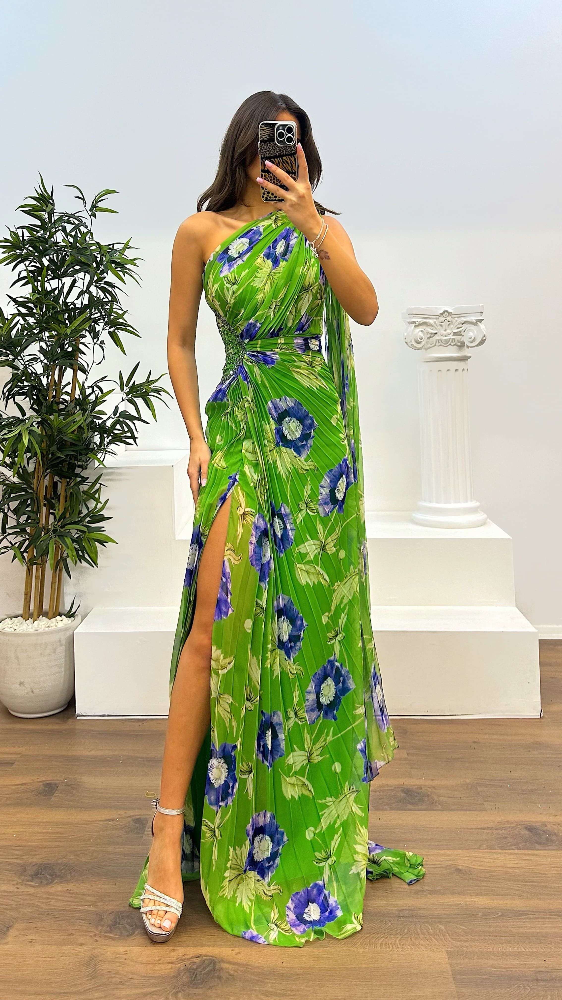 One Shoulder Pleated Chiffon Evening Dress