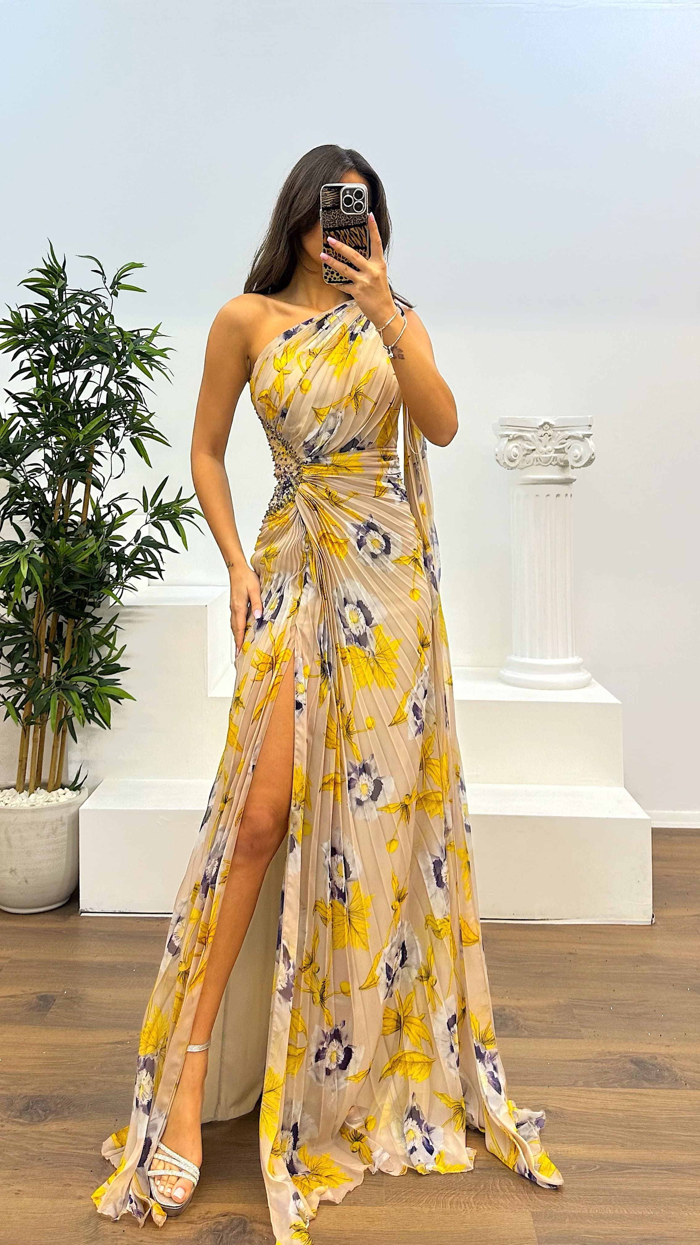 One Shoulder Pleated Chiffon Evening Dress