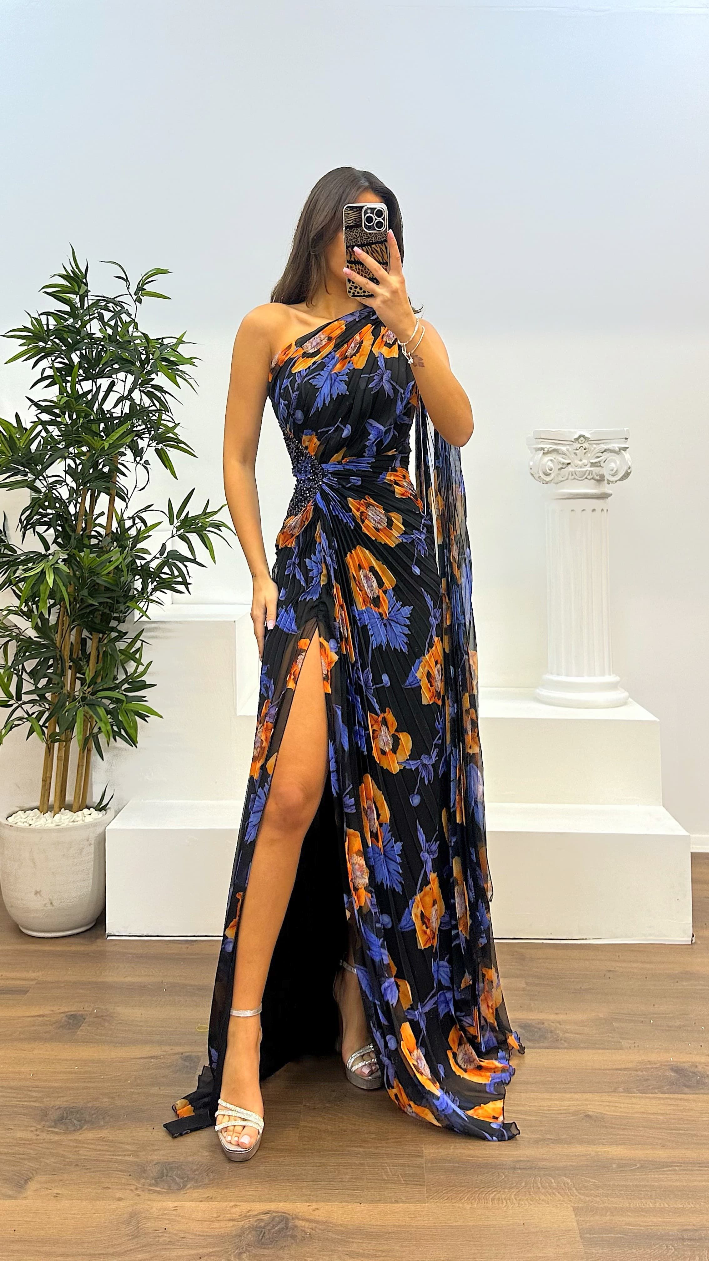 One Shoulder Pleated Chiffon Evening Dress