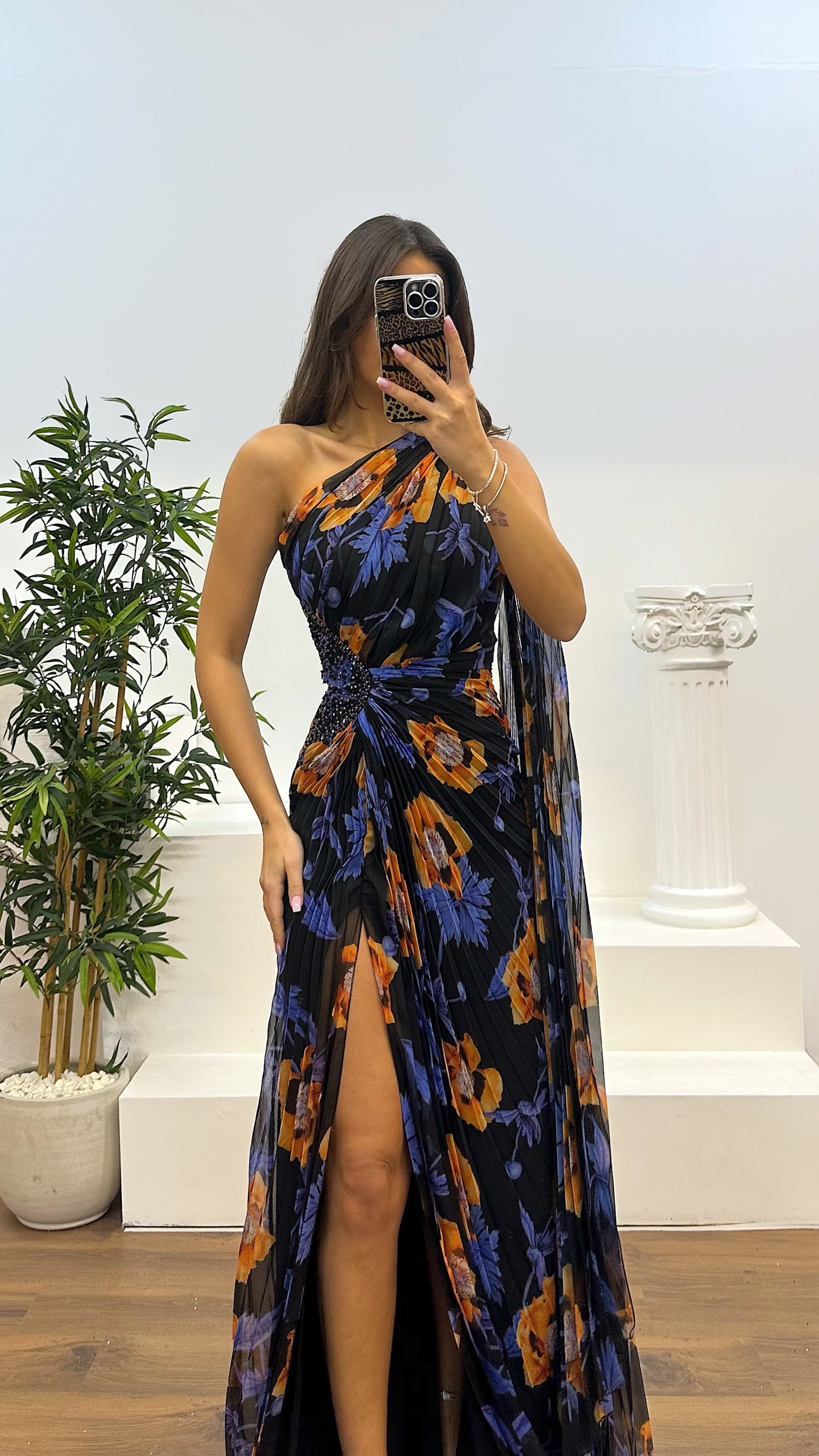 One Shoulder Pleated Chiffon Evening Dress
