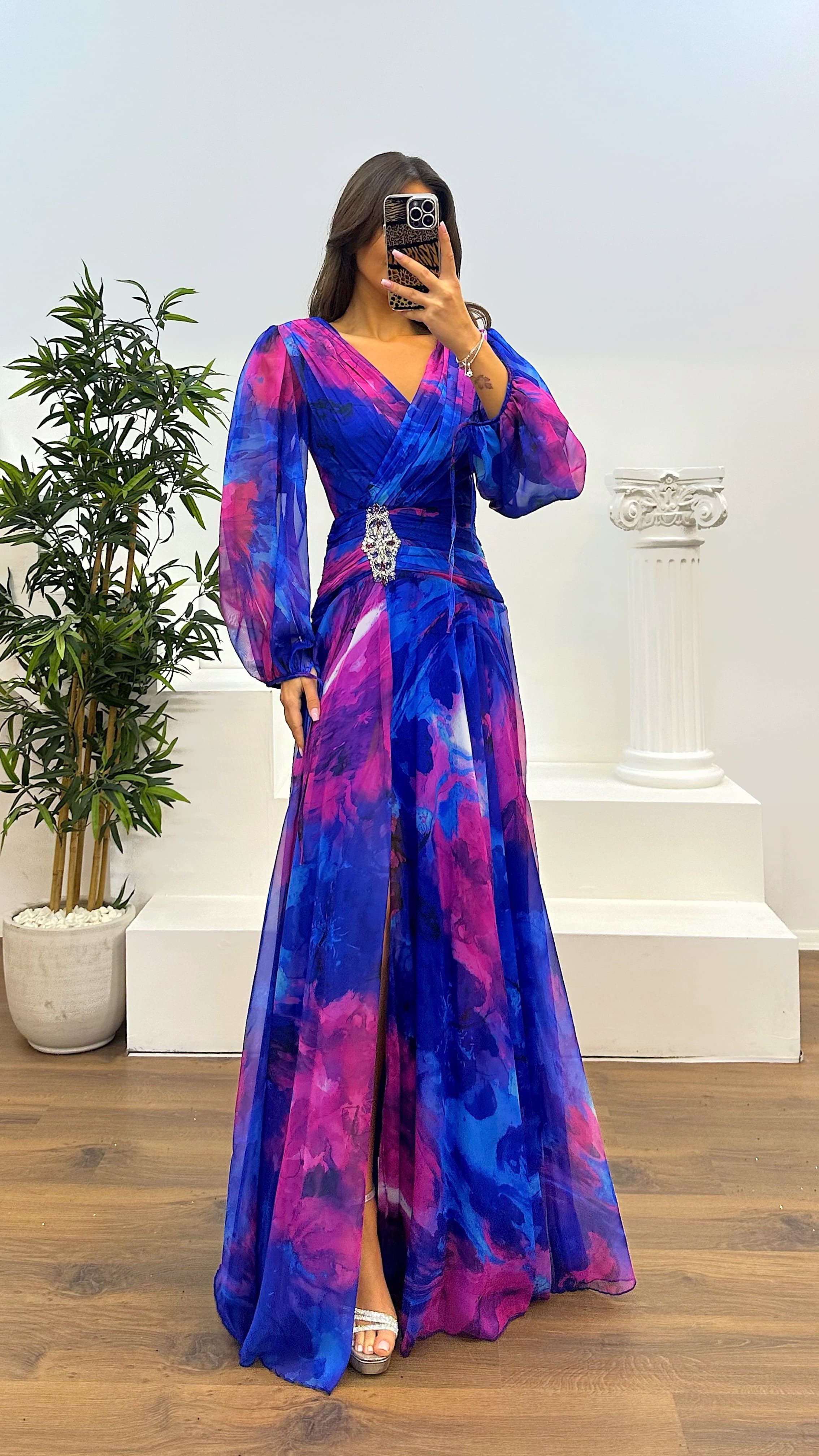 BALLOON SLEEVE WAIST DETAIL PATTERNED CHIFFON DRESS