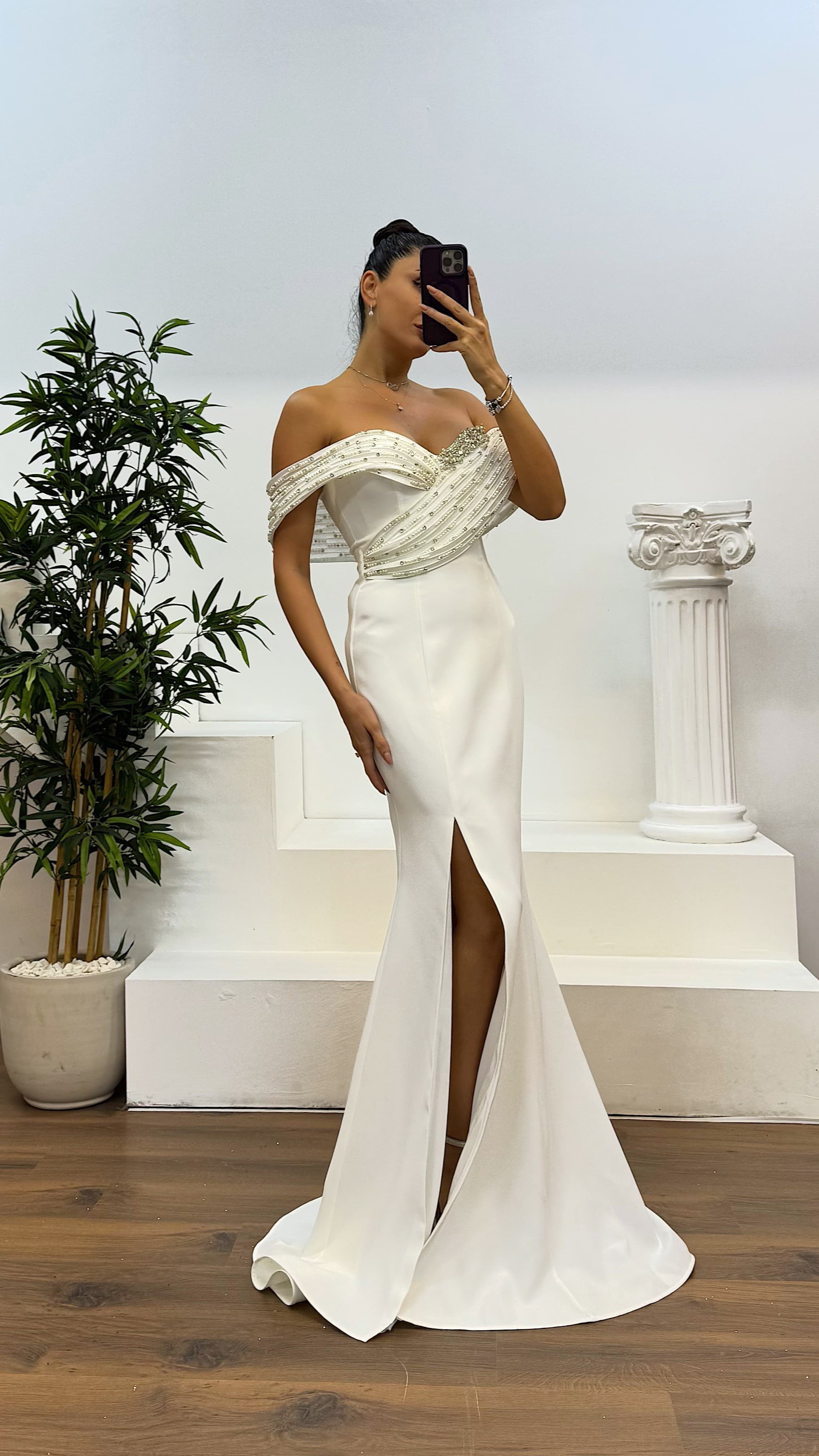 Madonna Neckline Embroidered Detail Evening Dress