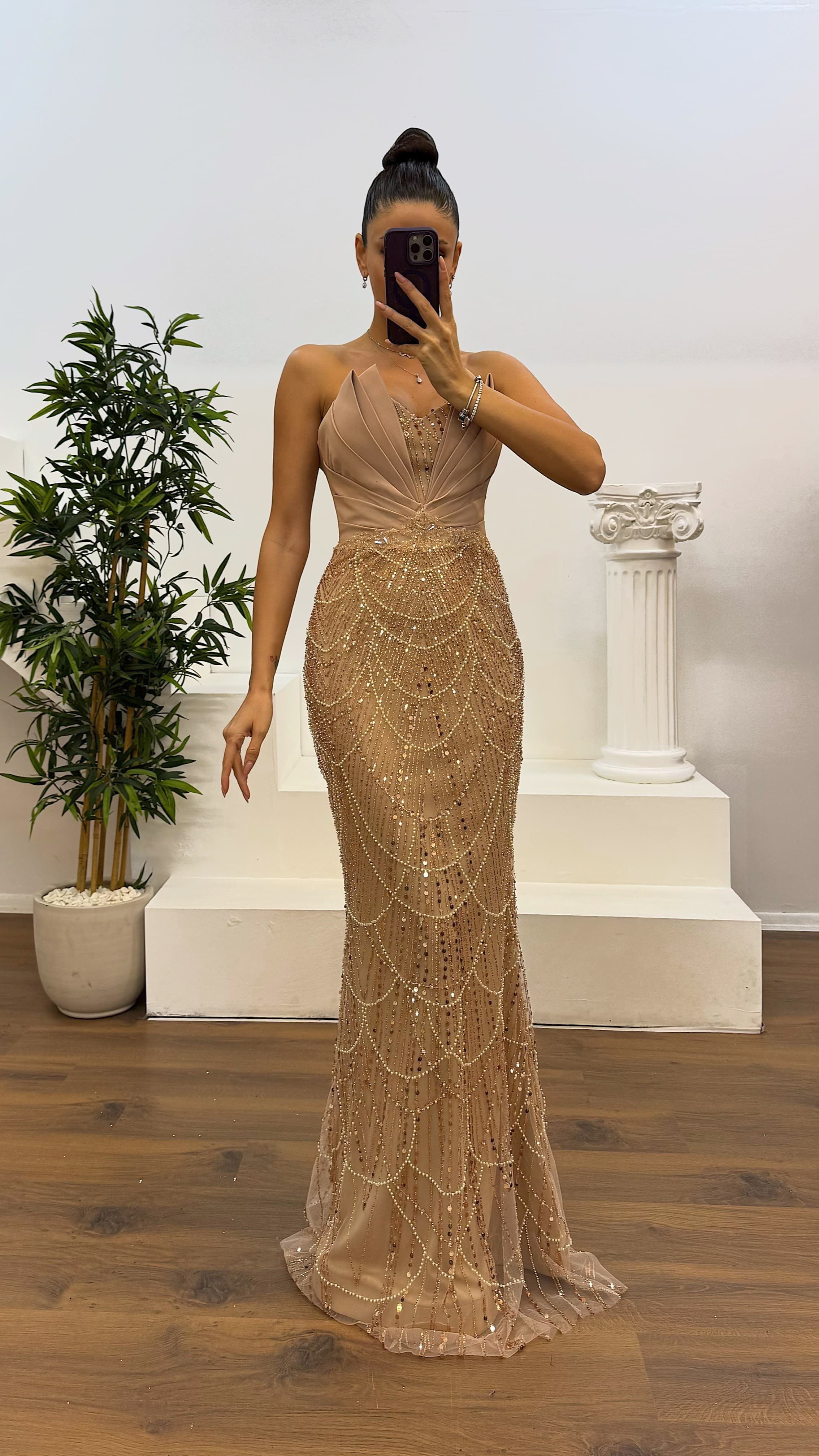 Strapless Chest Detail Embroidered Design Evening Dress