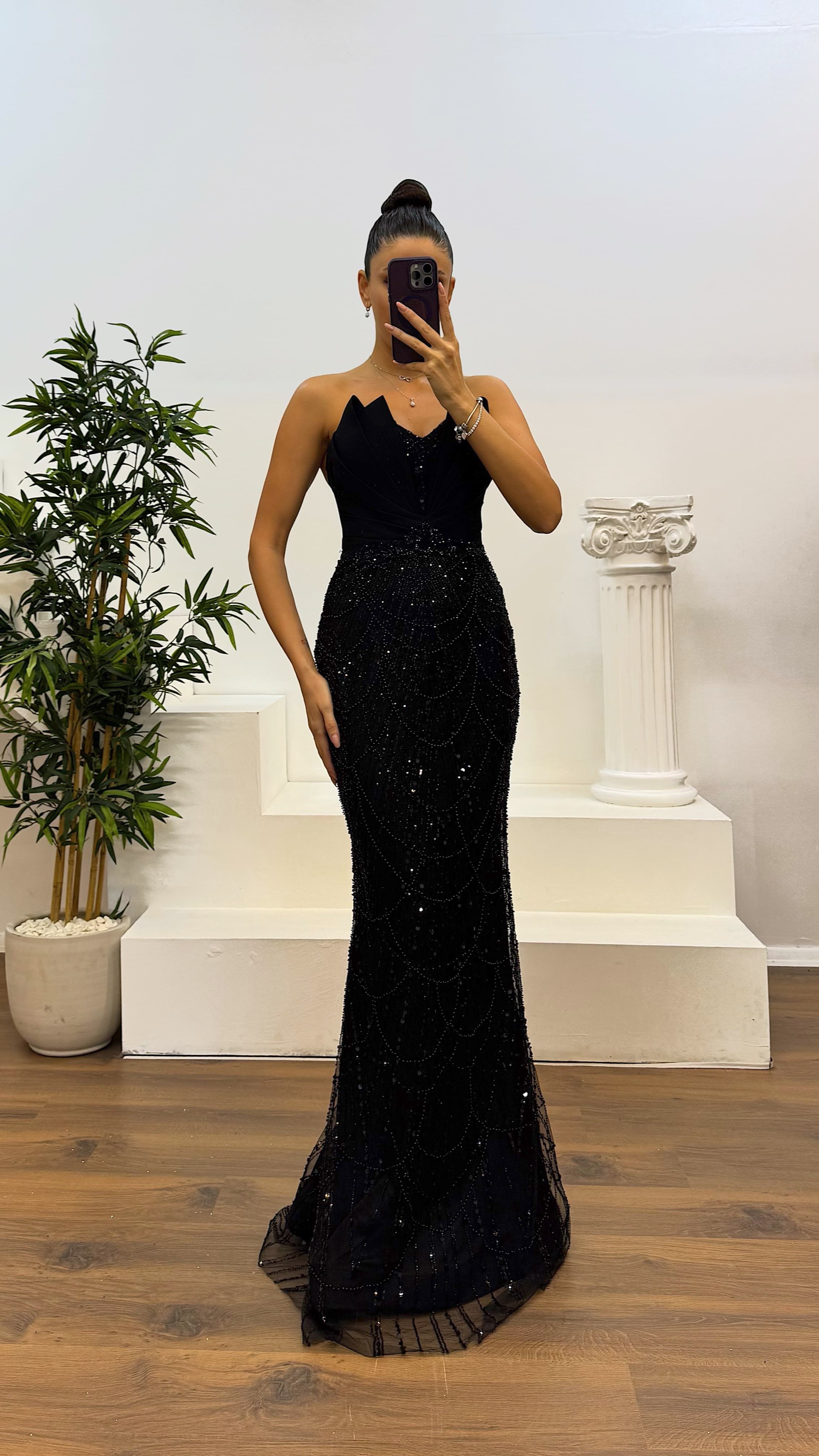 Strapless Chest Detail Embroidered Design Evening Dress