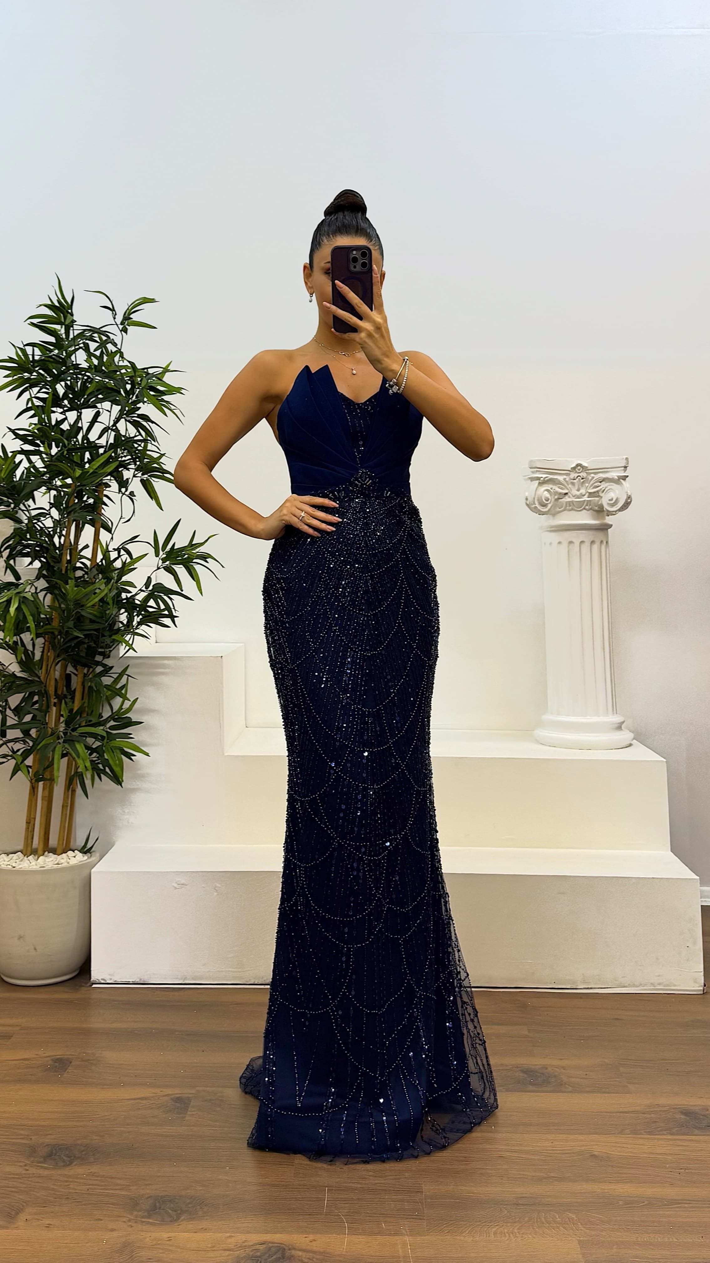 Strapless Chest Detail Embroidered Design Evening Dress