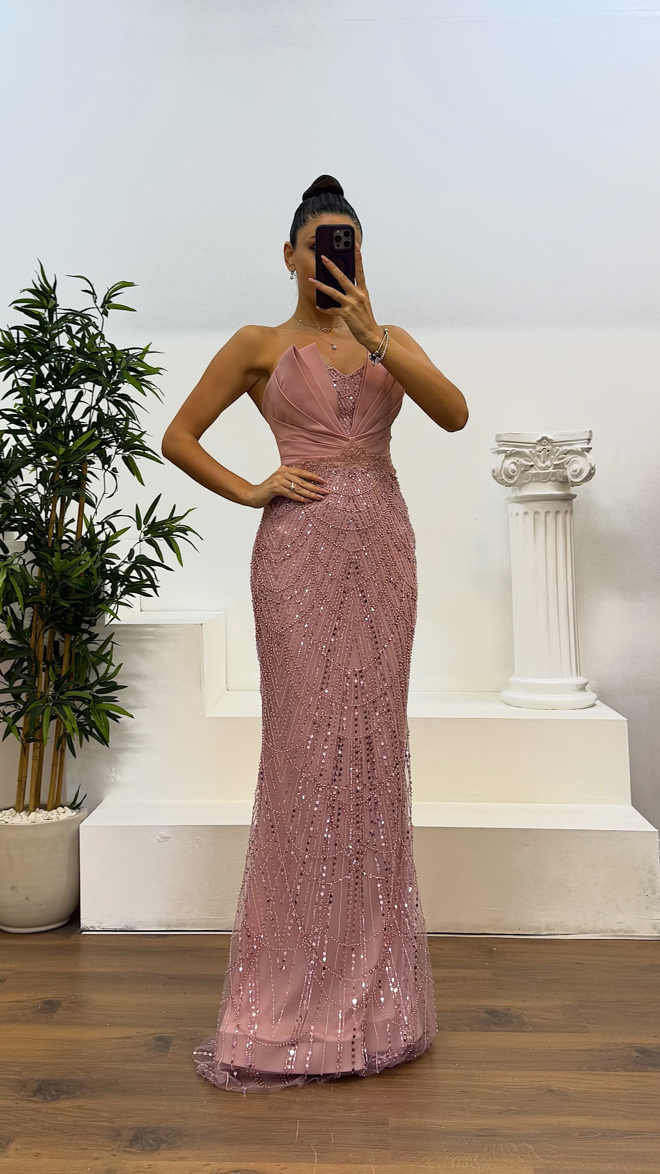 Strapless Chest Detail Embroidered Design Evening Dress