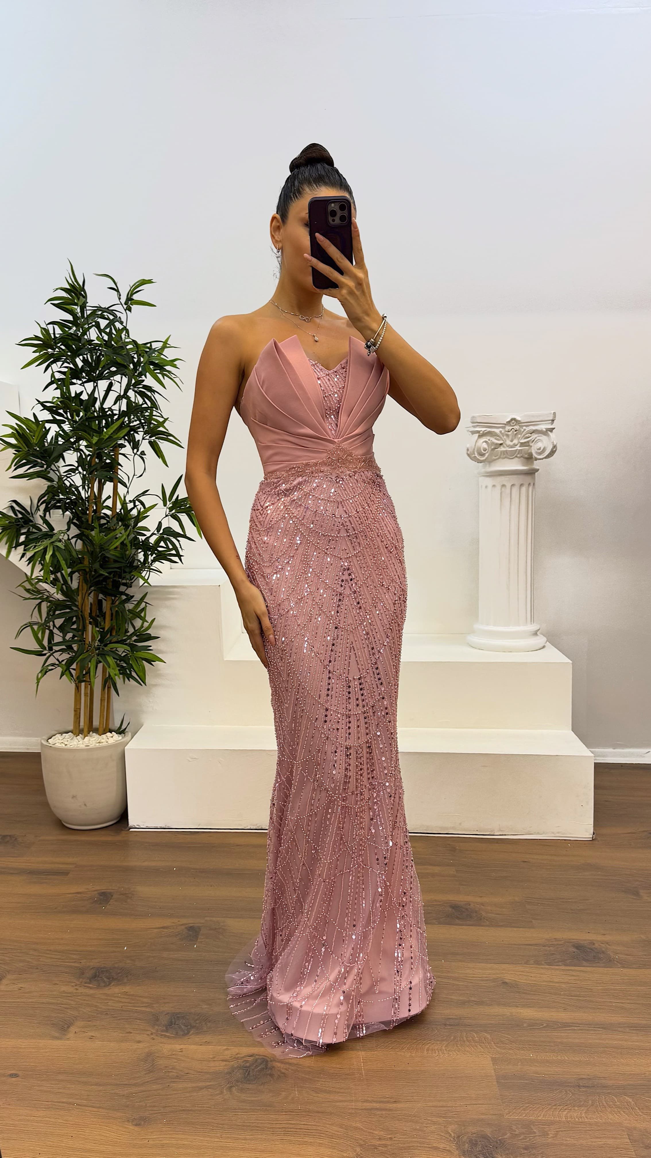 Strapless Chest Detail Embroidered Design Evening Dress