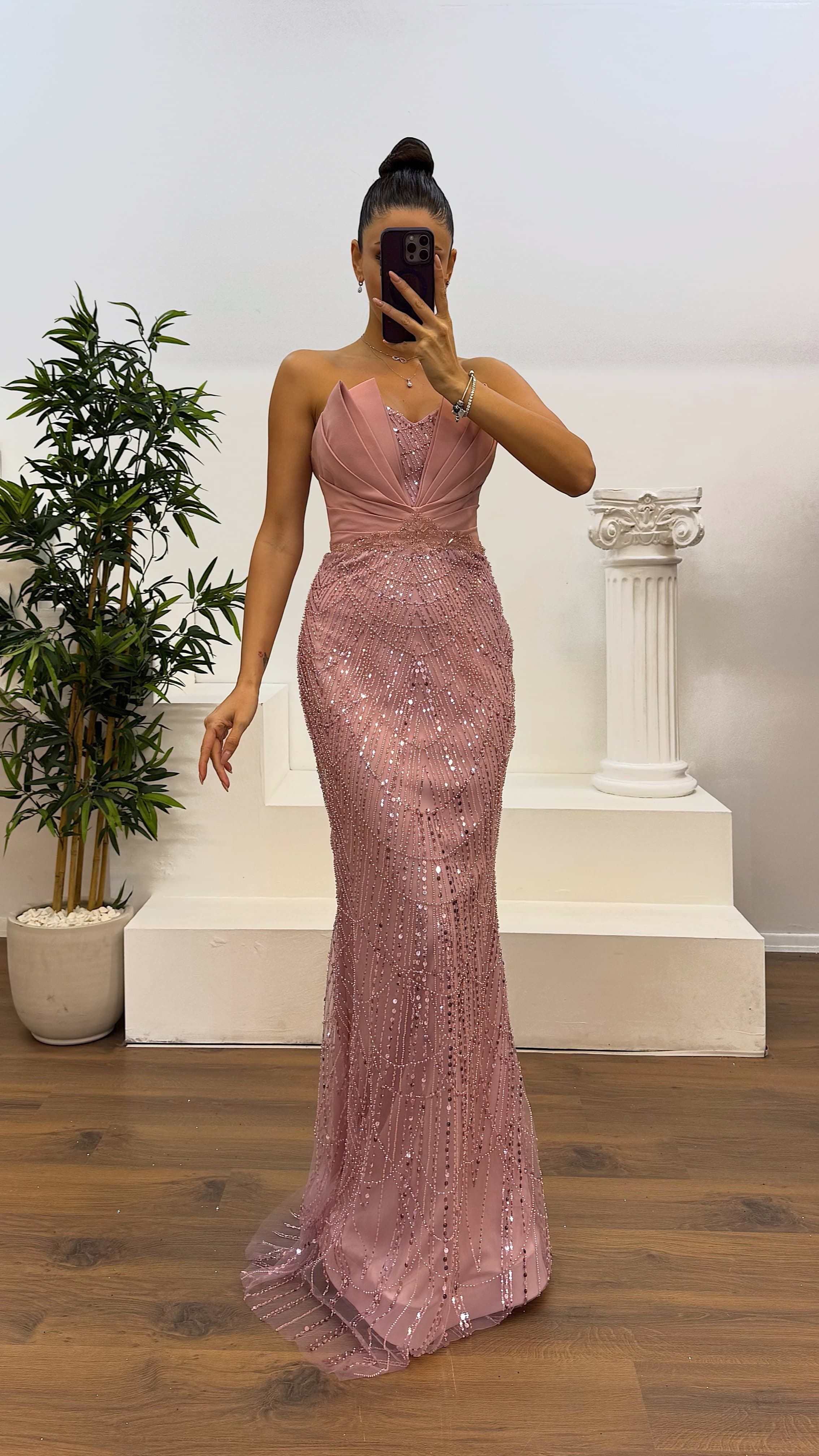 Strapless Chest Detail Embroidered Design Evening Dress