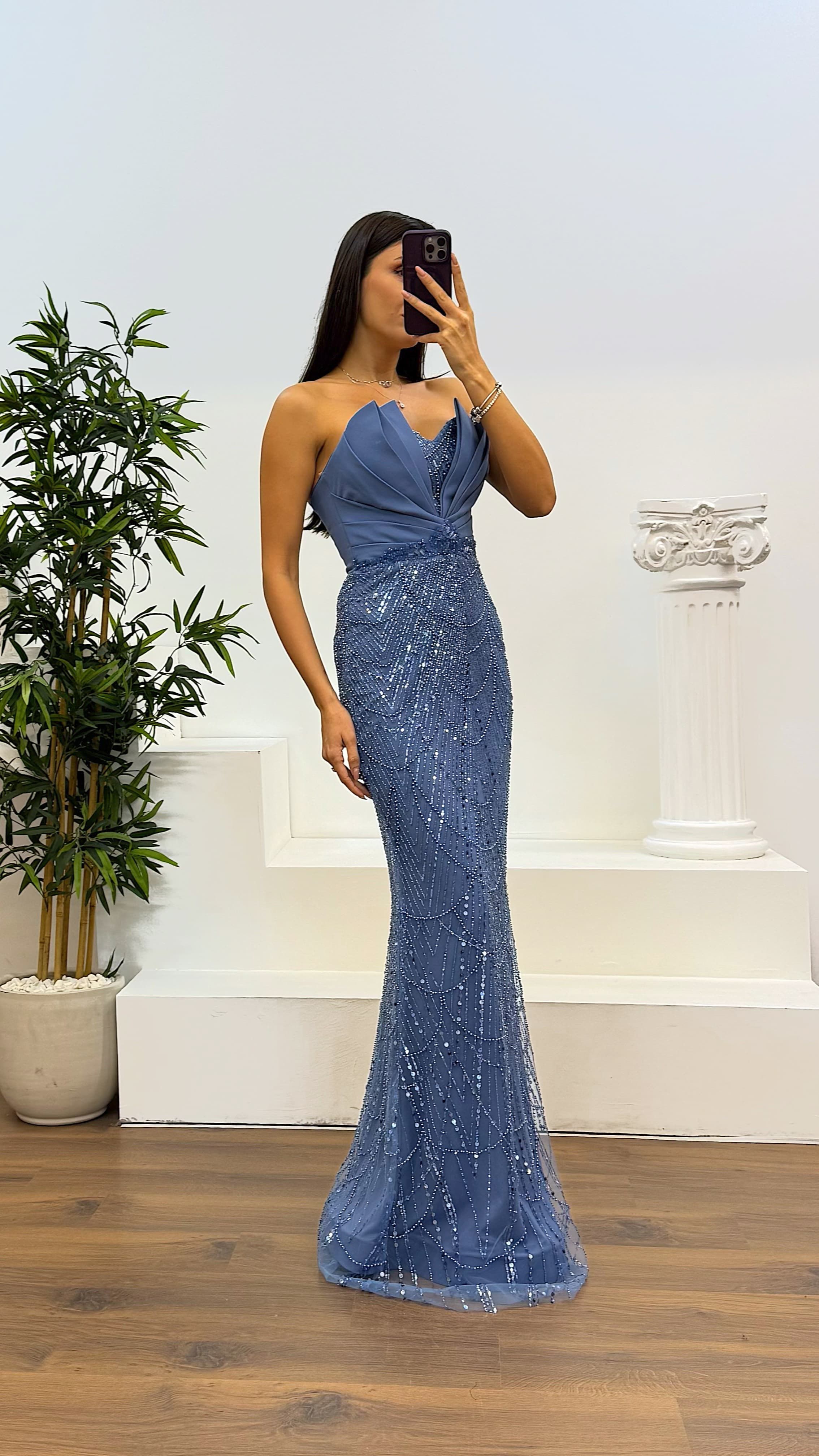 Strapless Chest Detail Embroidered Design Evening Dress