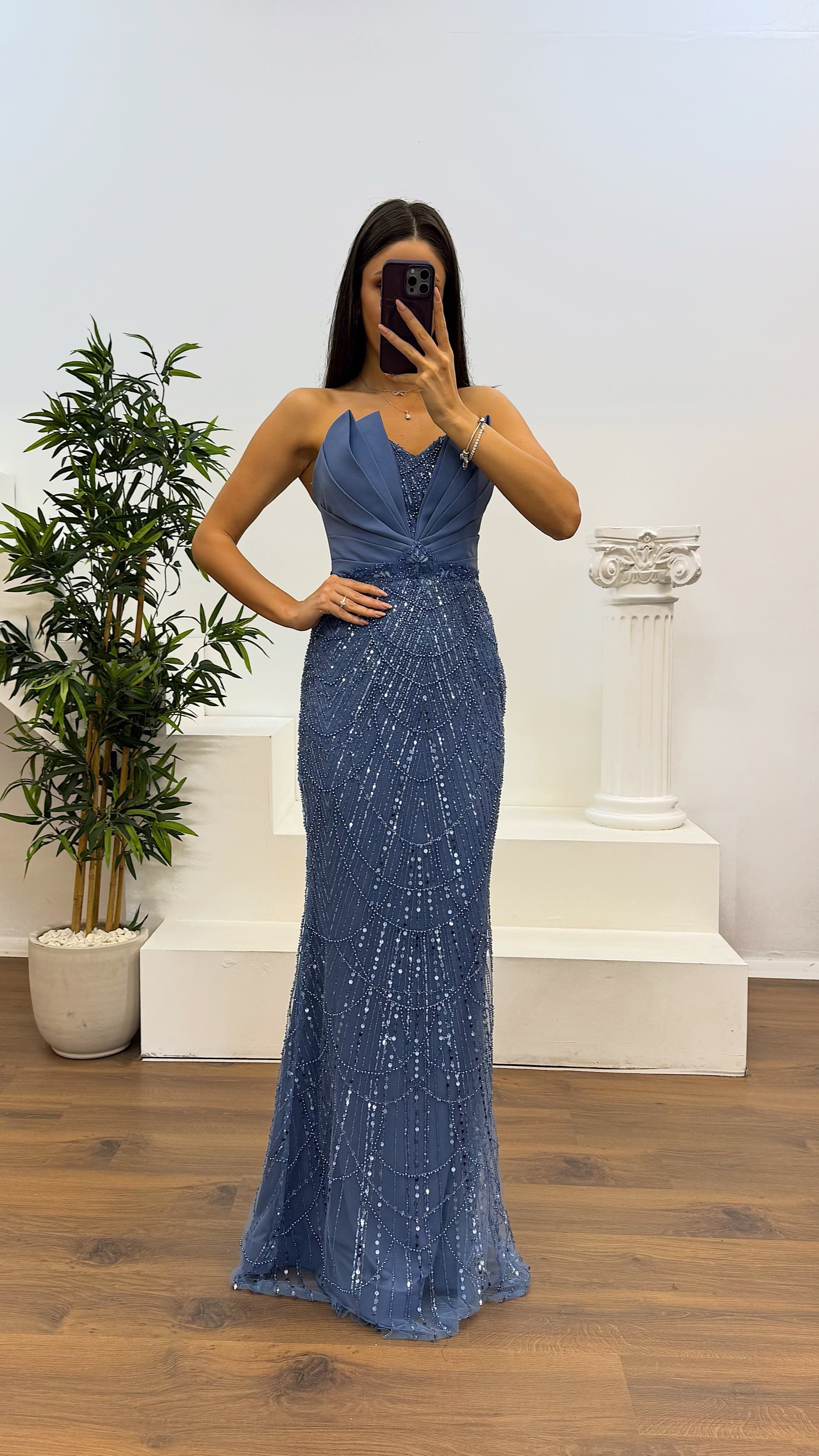 Strapless Chest Detail Embroidered Design Evening Dress