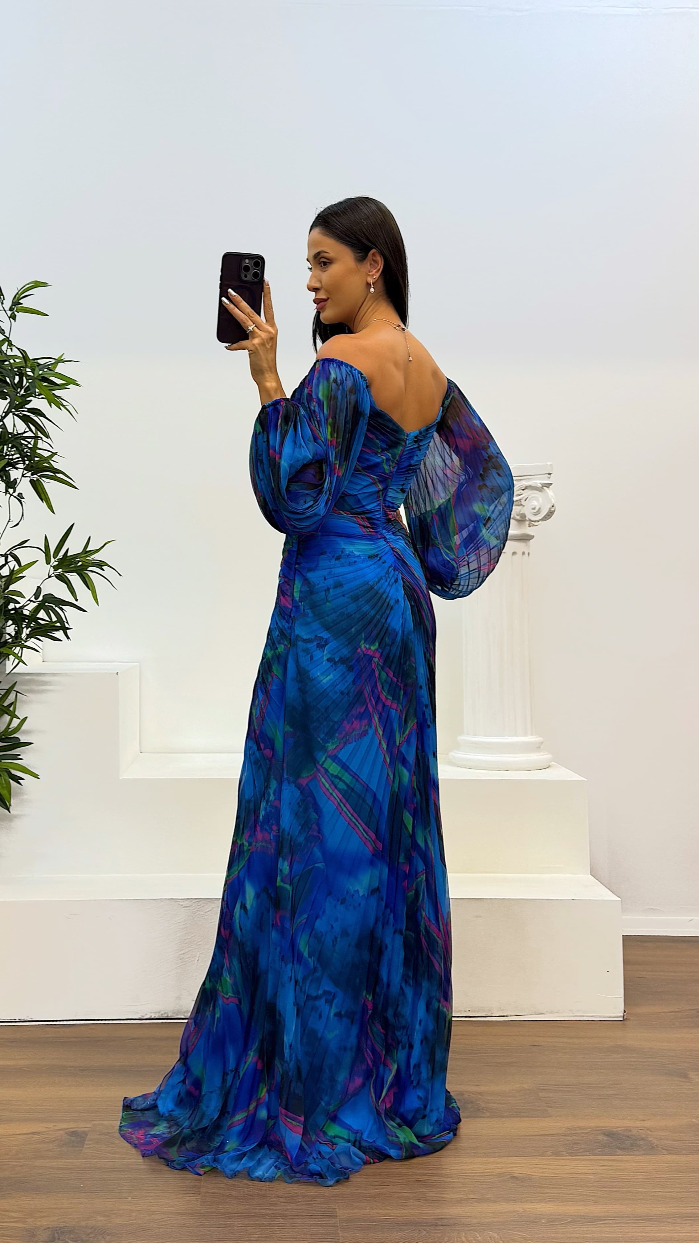 Balloon Sleeve Brooch Detail Evening Dress