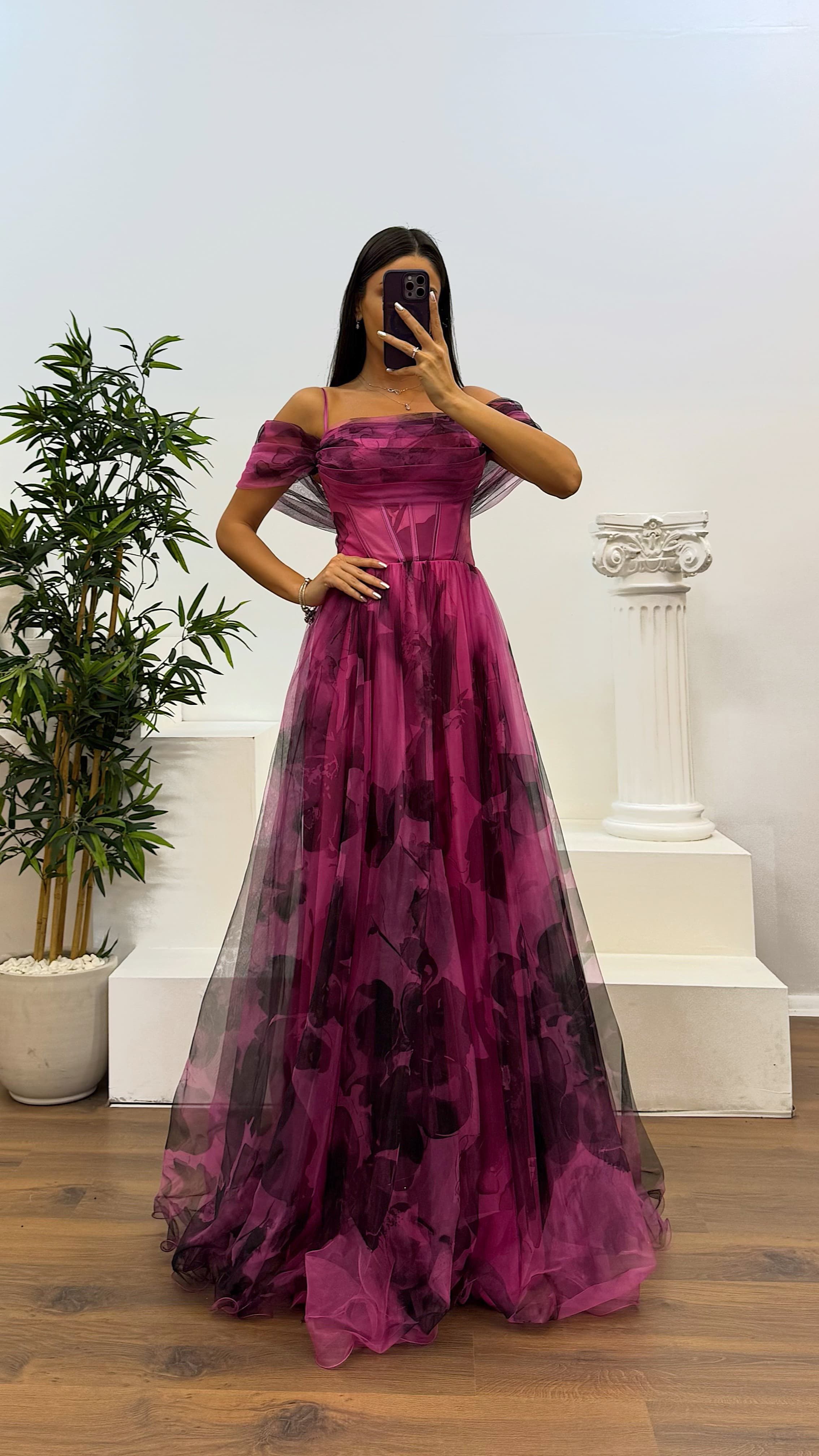 Patterned Tulle Evening Dress