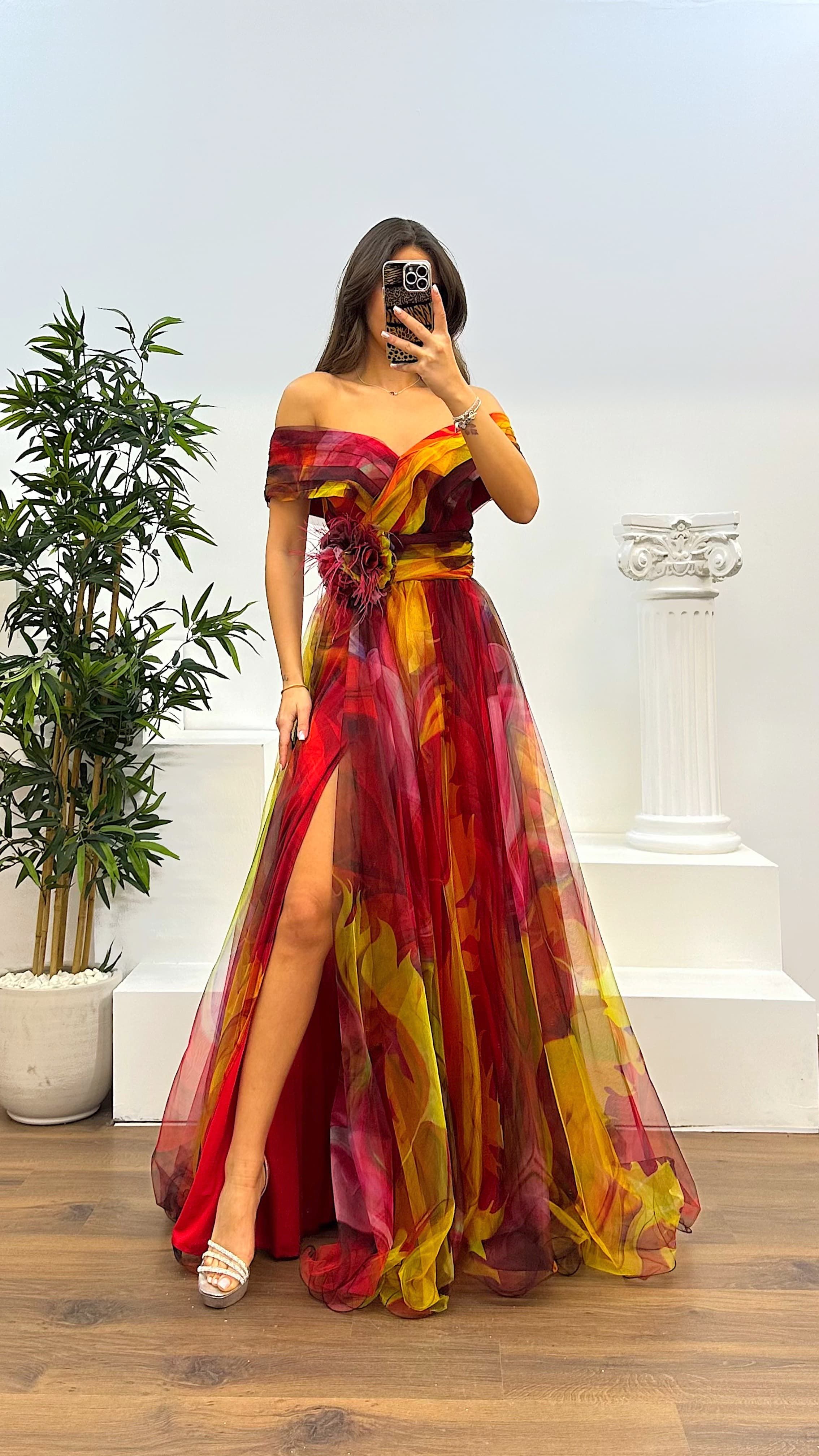 Madonna Neck Patterned Tulle Evening Dress
