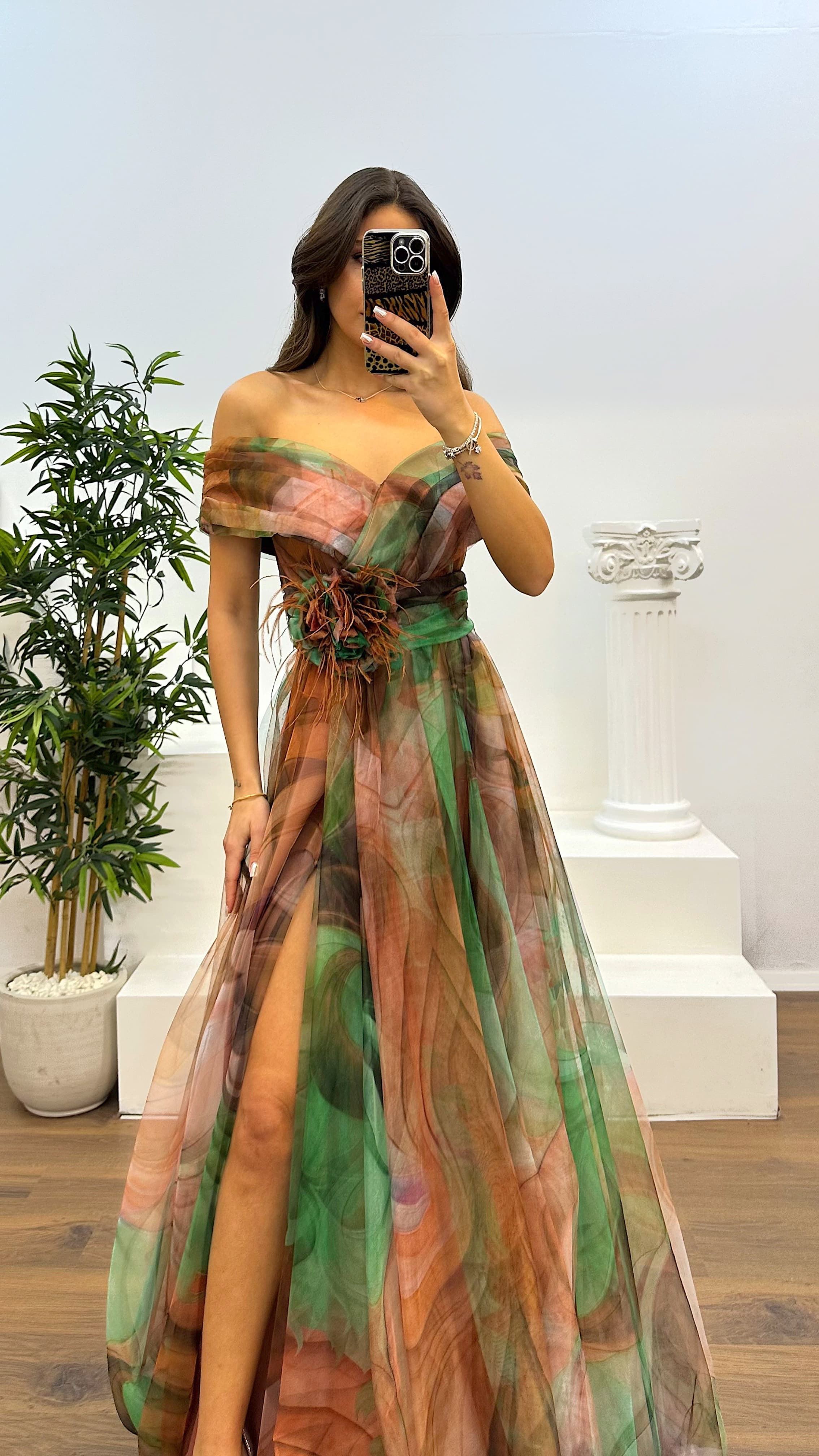 Madonna Neck Patterned Tulle Evening Dress