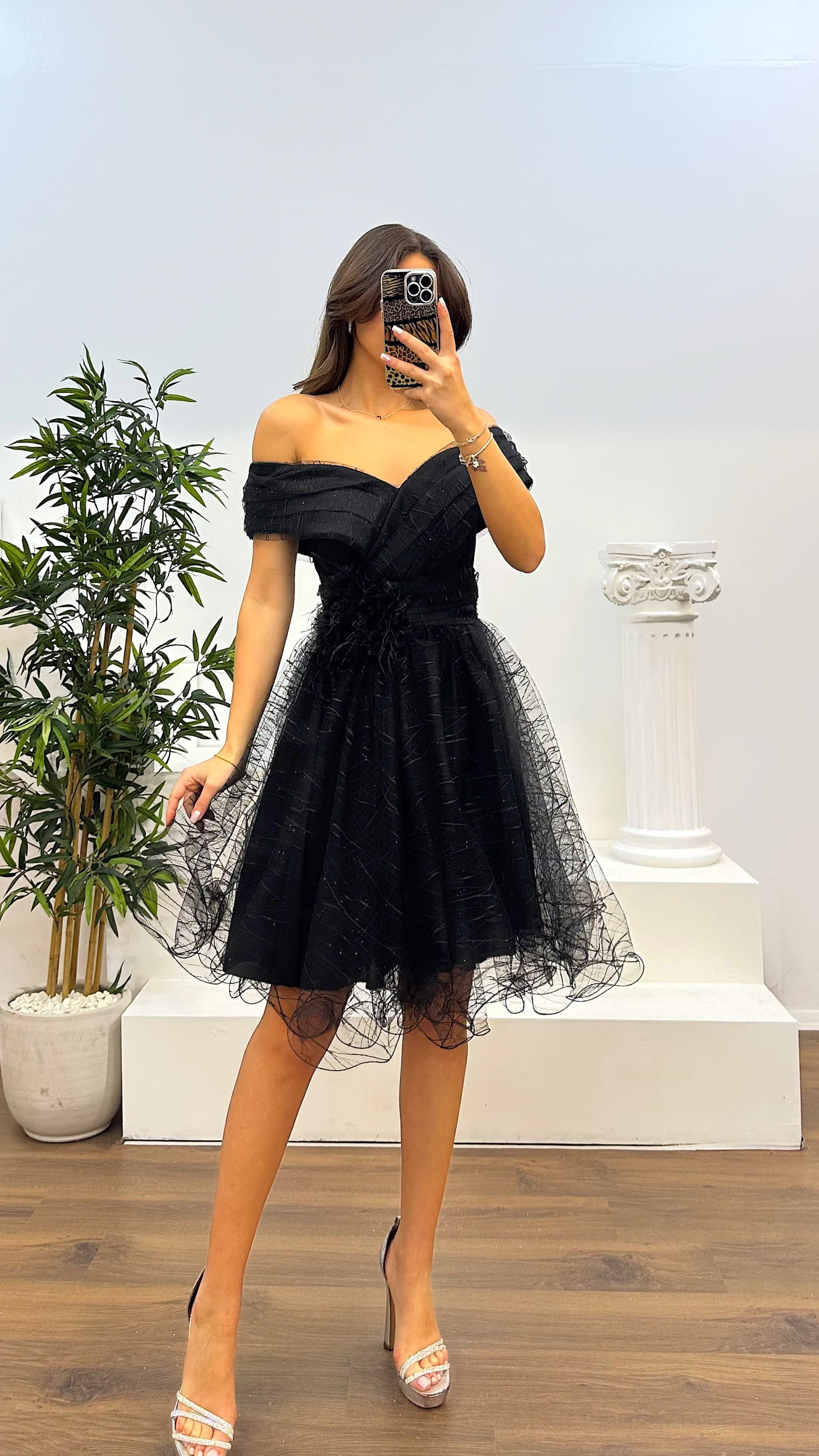 Madonna Collar Tulle Mini Evening Dress