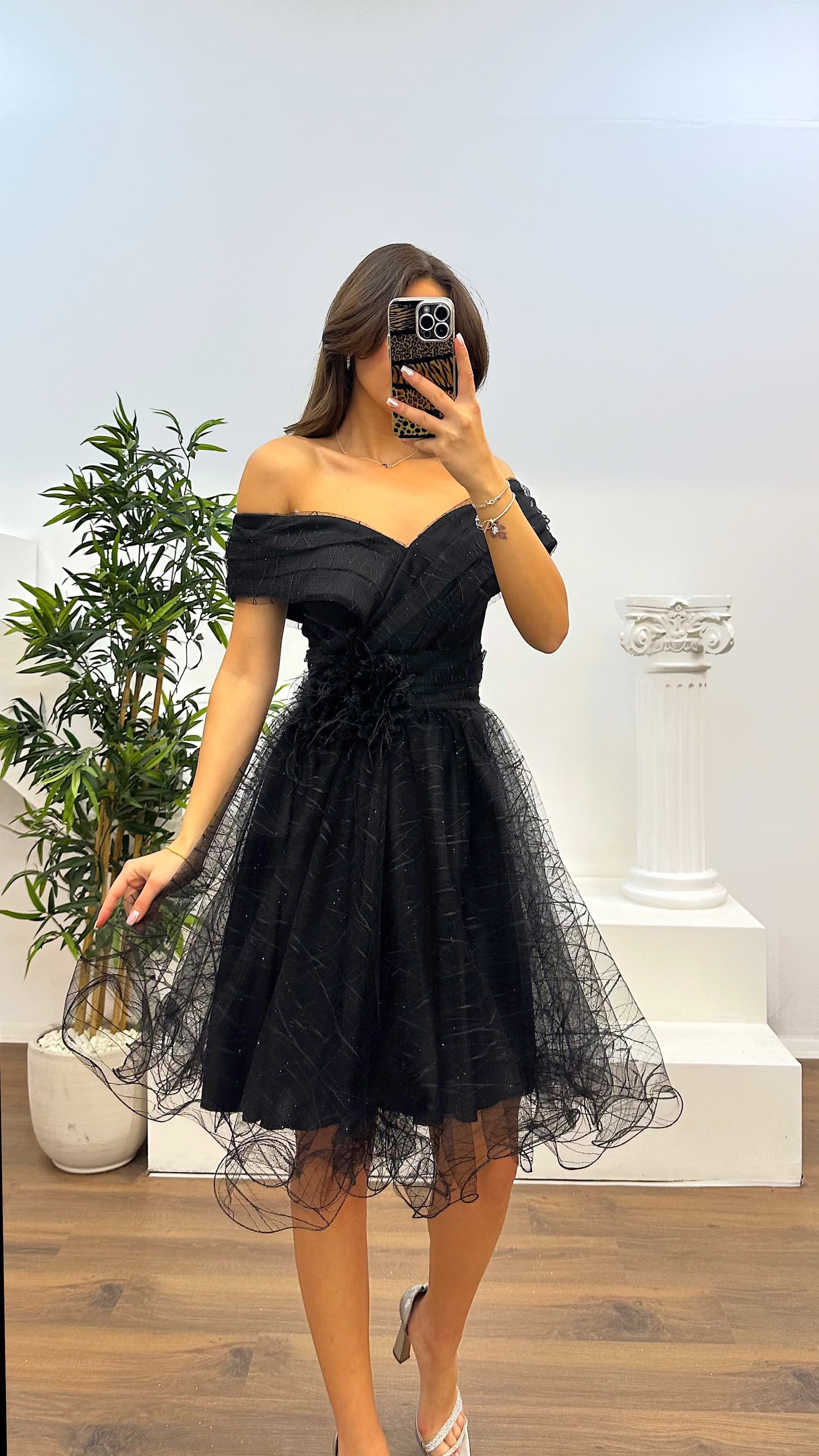 Madonna Collar Tulle Mini Evening Dress