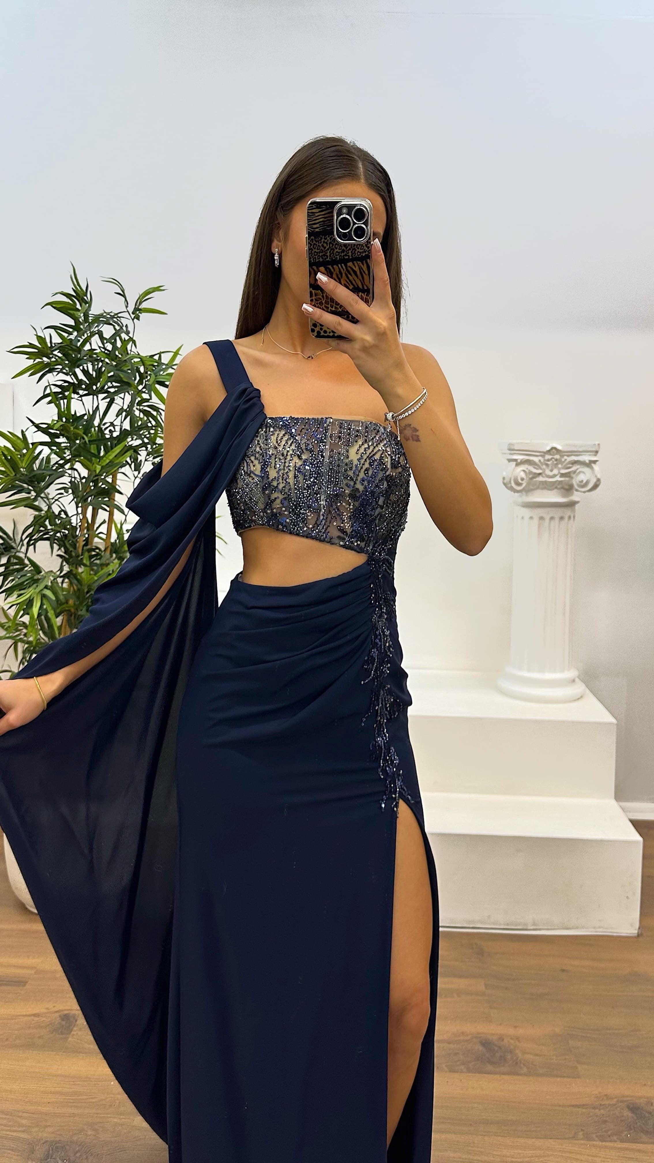 One Shoulder Waist Detail Evening Dress