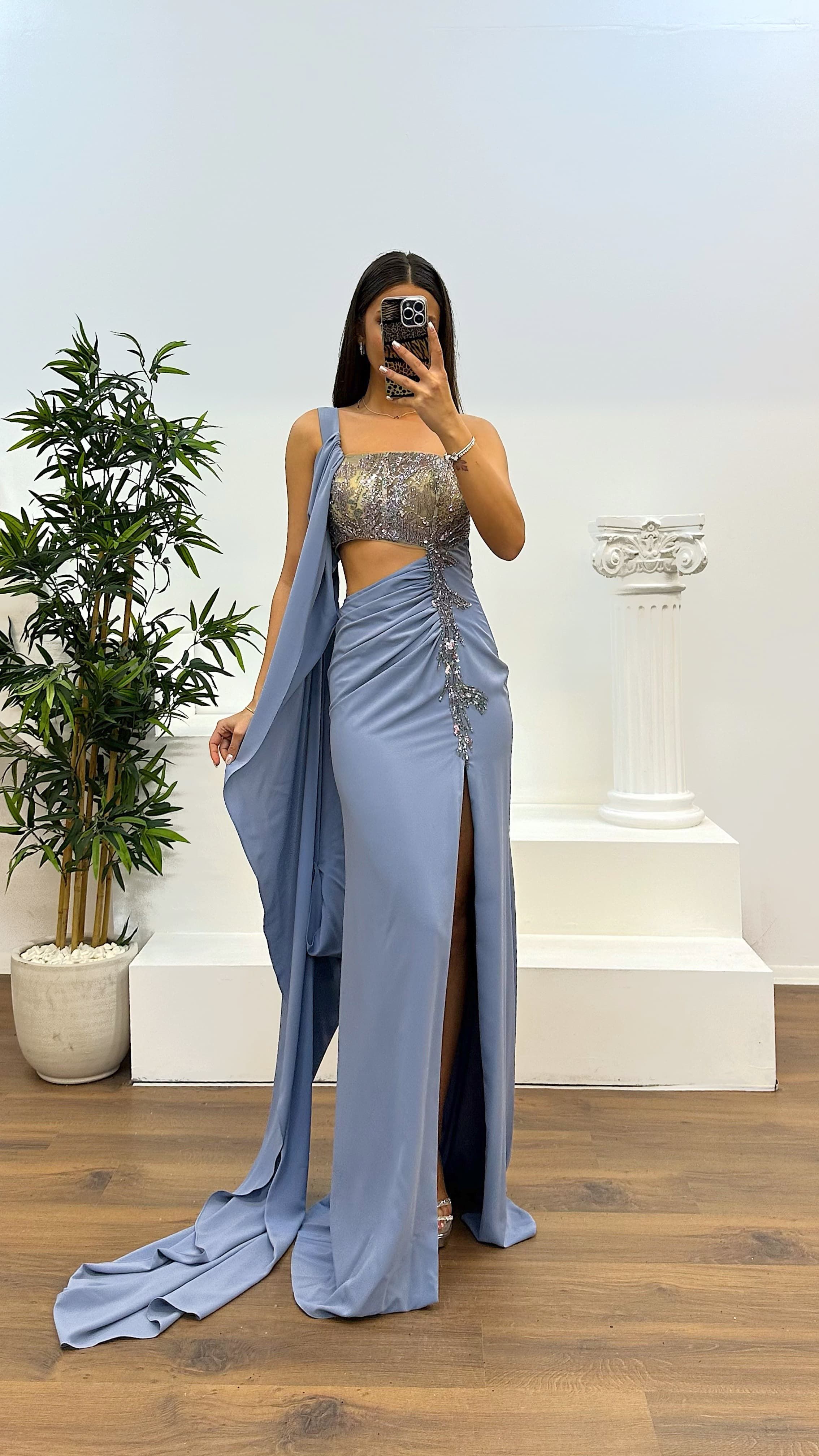 One Shoulder Waist Detail Evening Dress