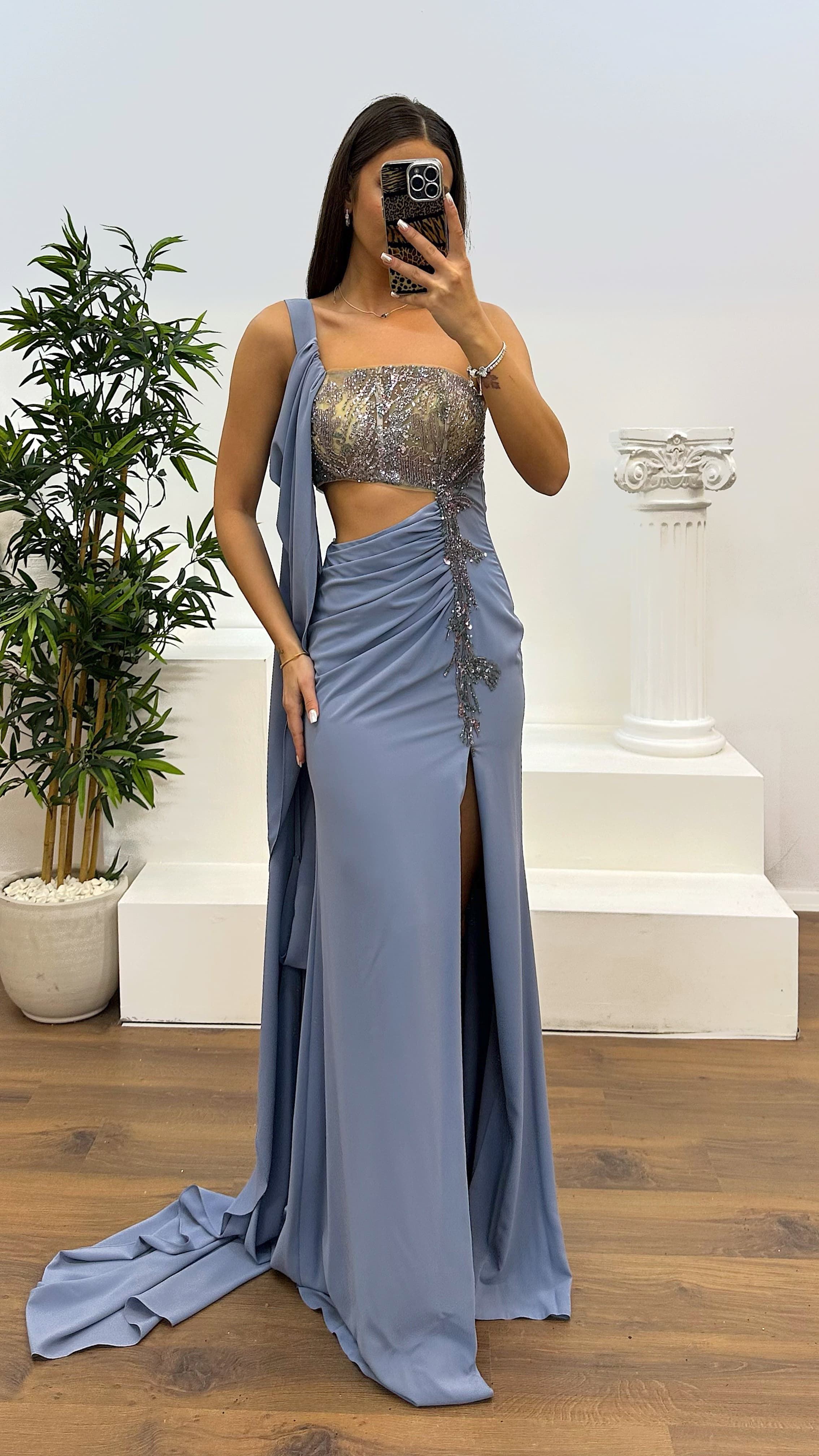 One Shoulder Waist Detail Evening Dress