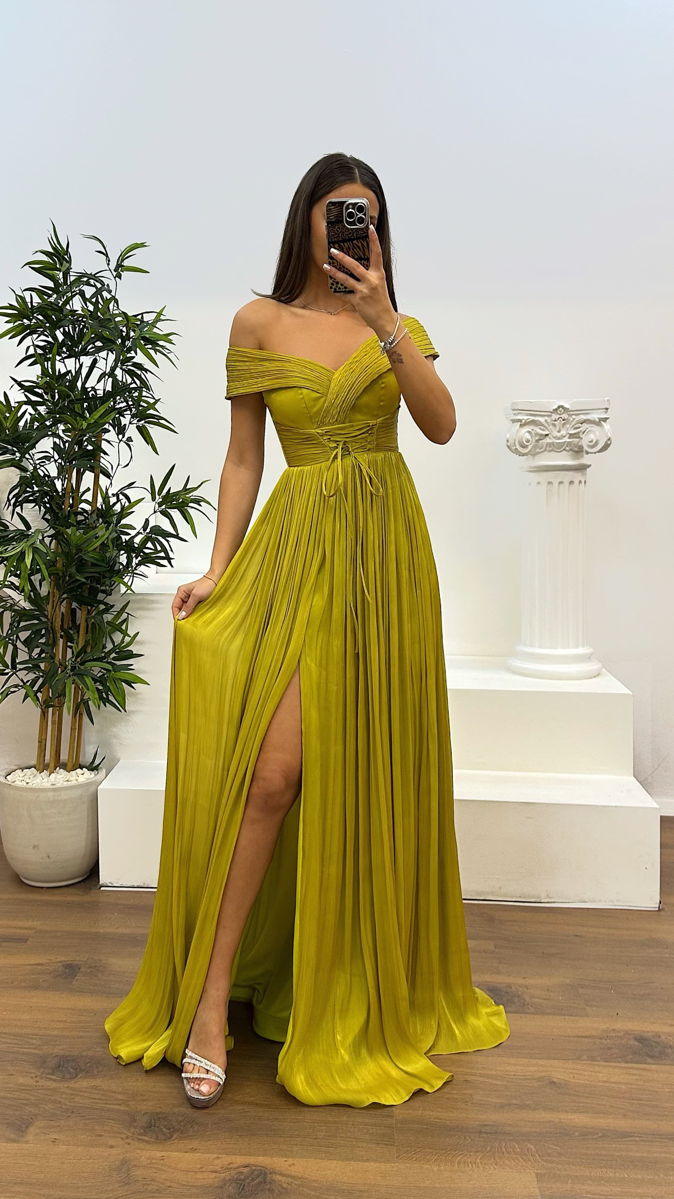 Madonna Neck Pleated Evening Dress