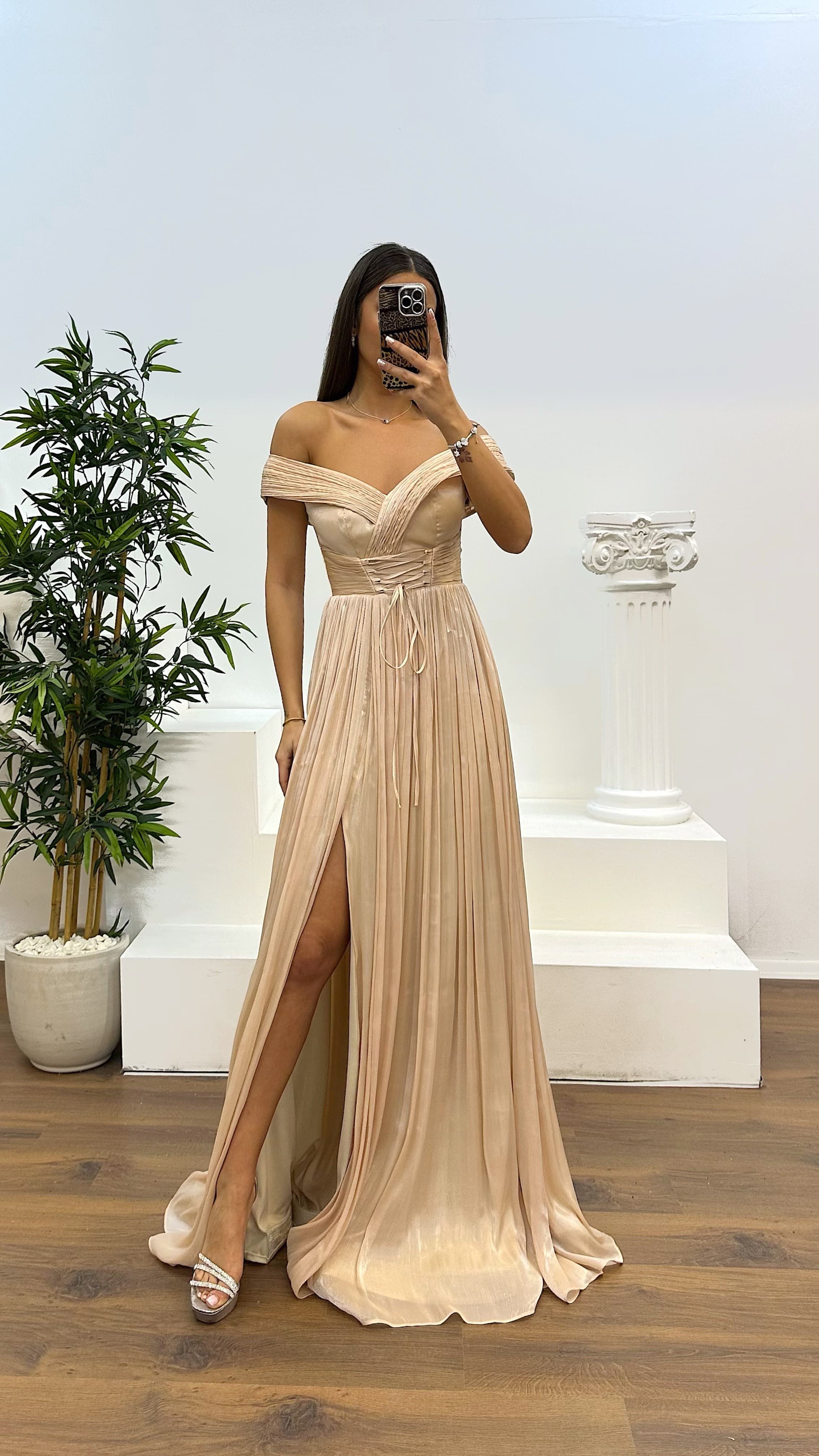 Madonna Neck Pleated Evening Dress