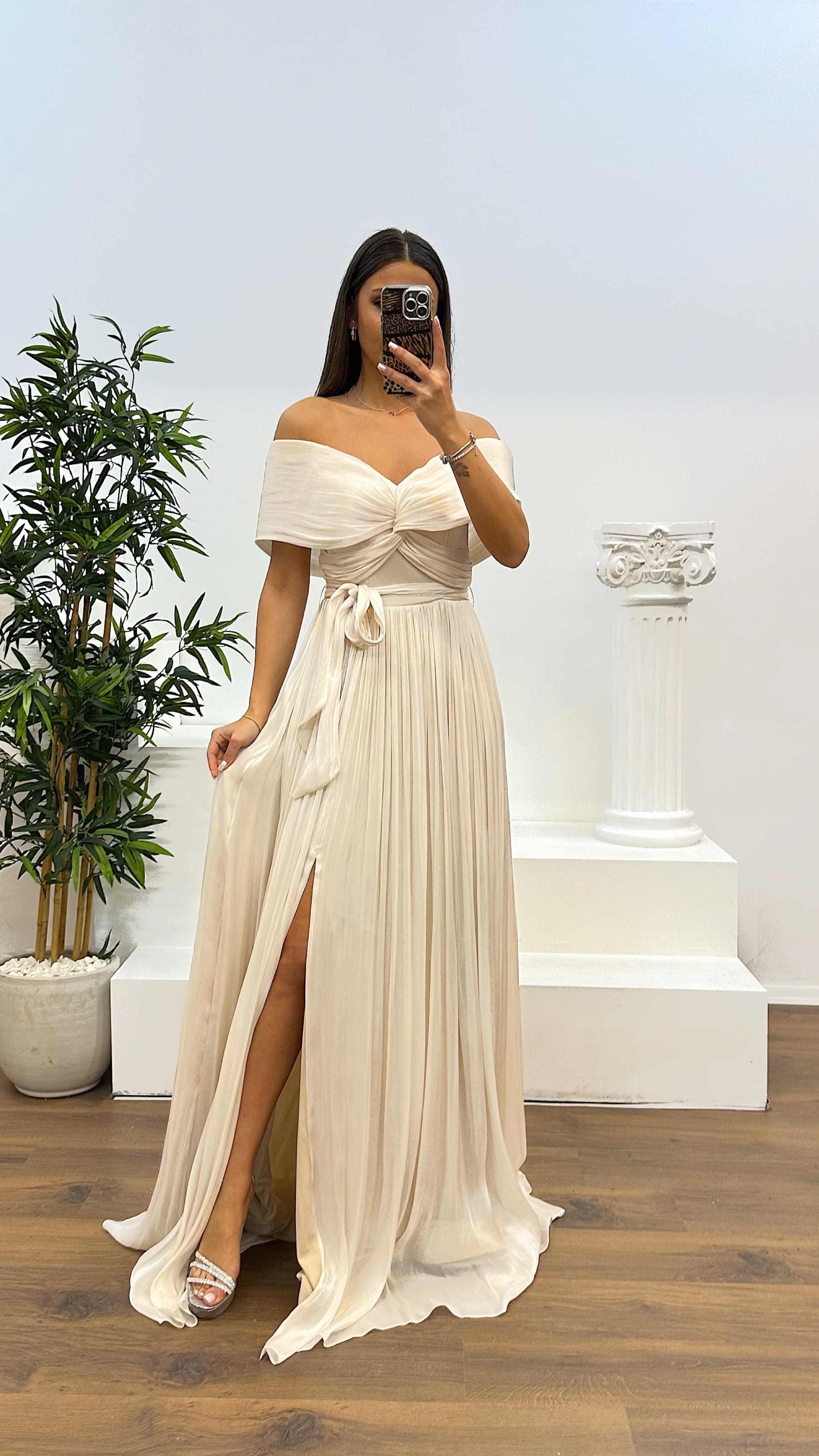 Boat Neck Pleated Evening Dress