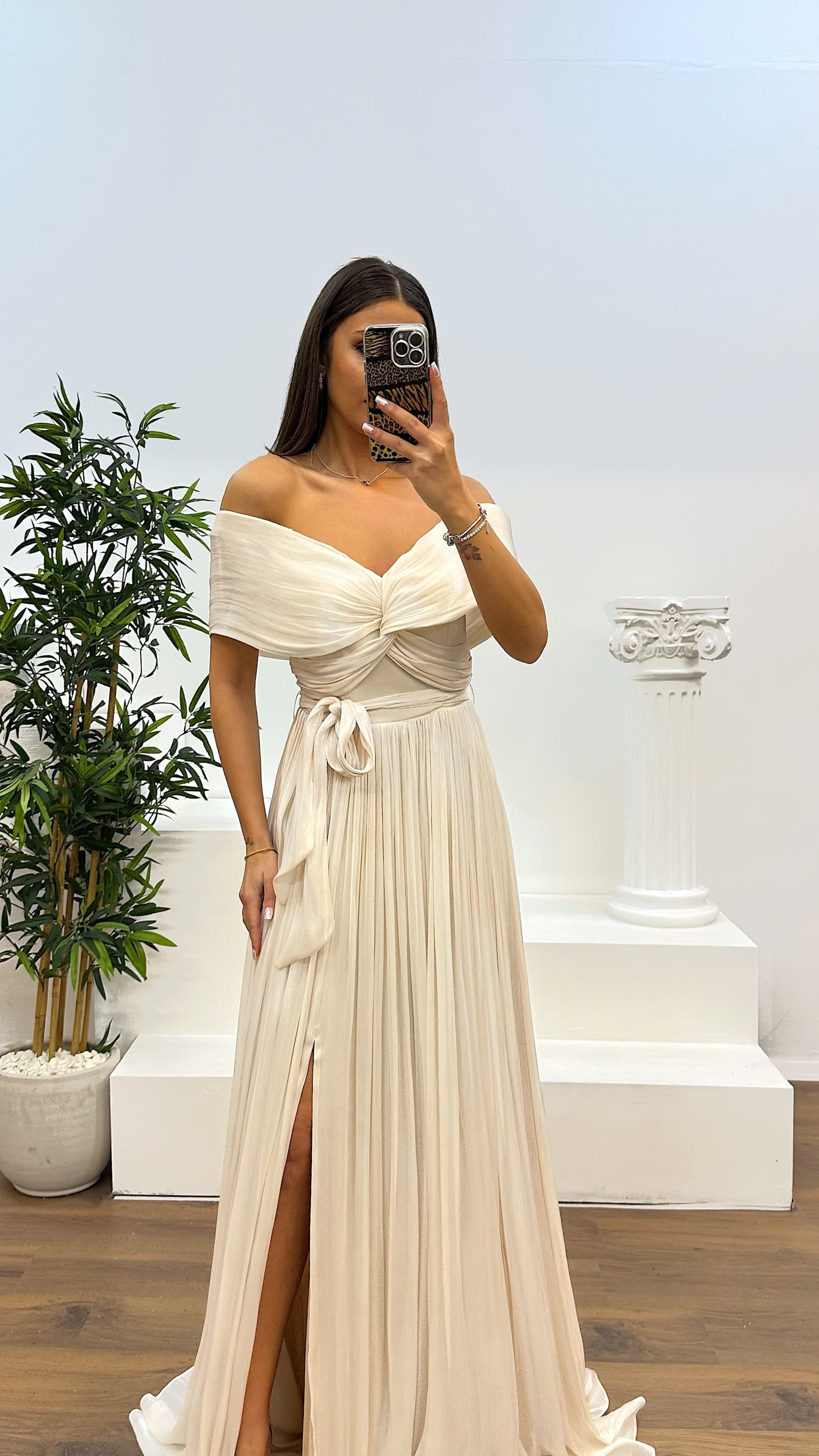 Boat Neck Pleated Evening Dress
