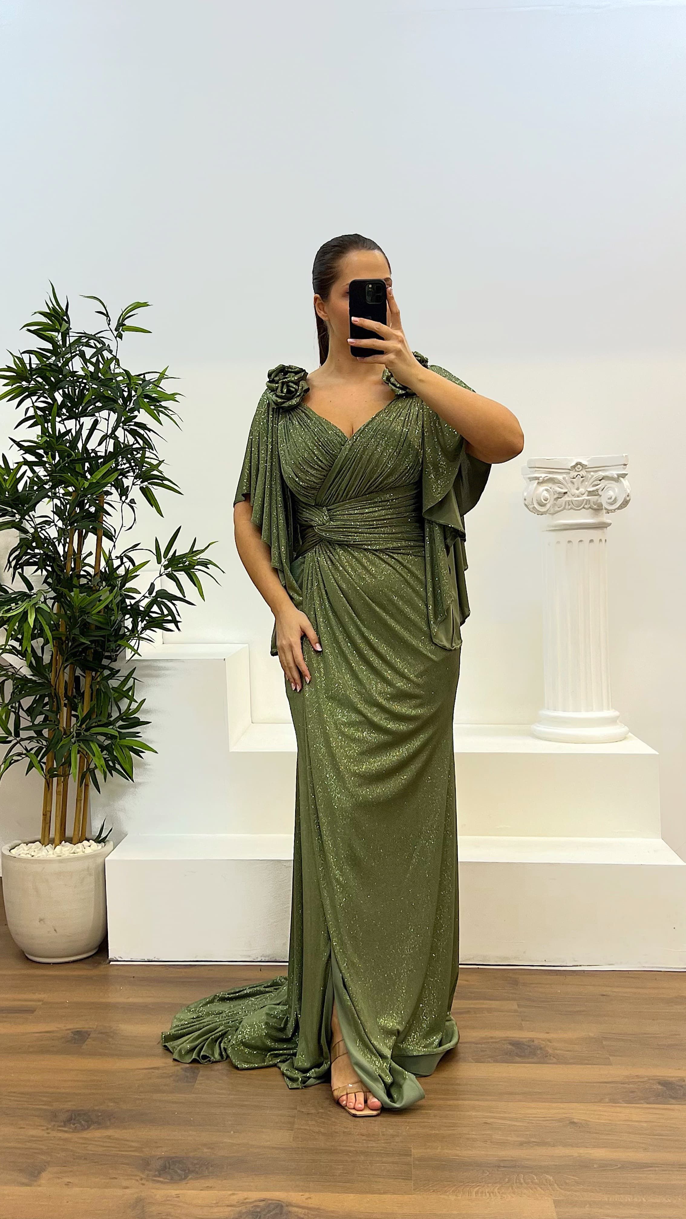 V-Neck Flower Detail Plus Size Silvery Evening Dress