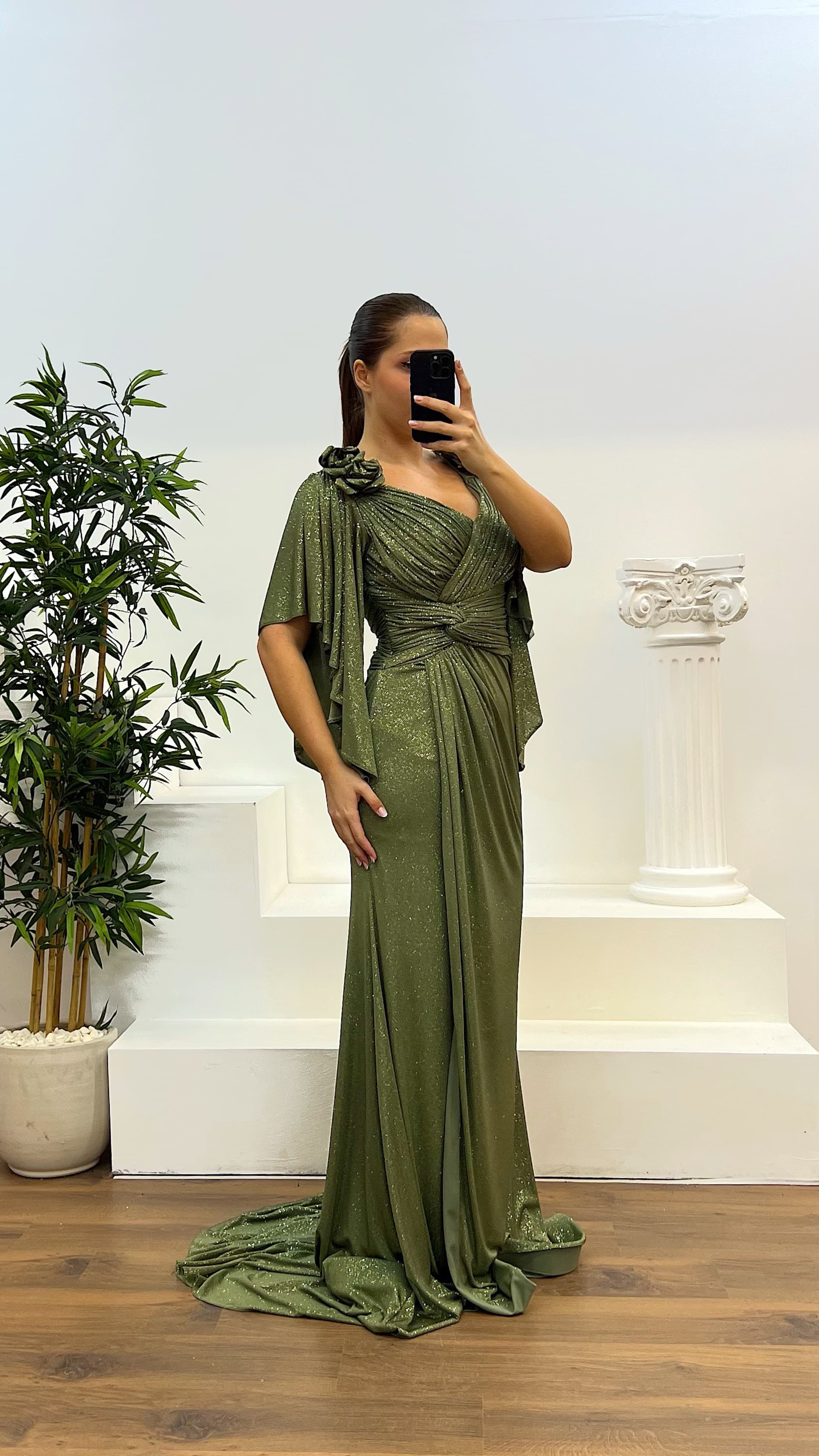 V-Neck Flower Detail Plus Size Silvery Evening Dress