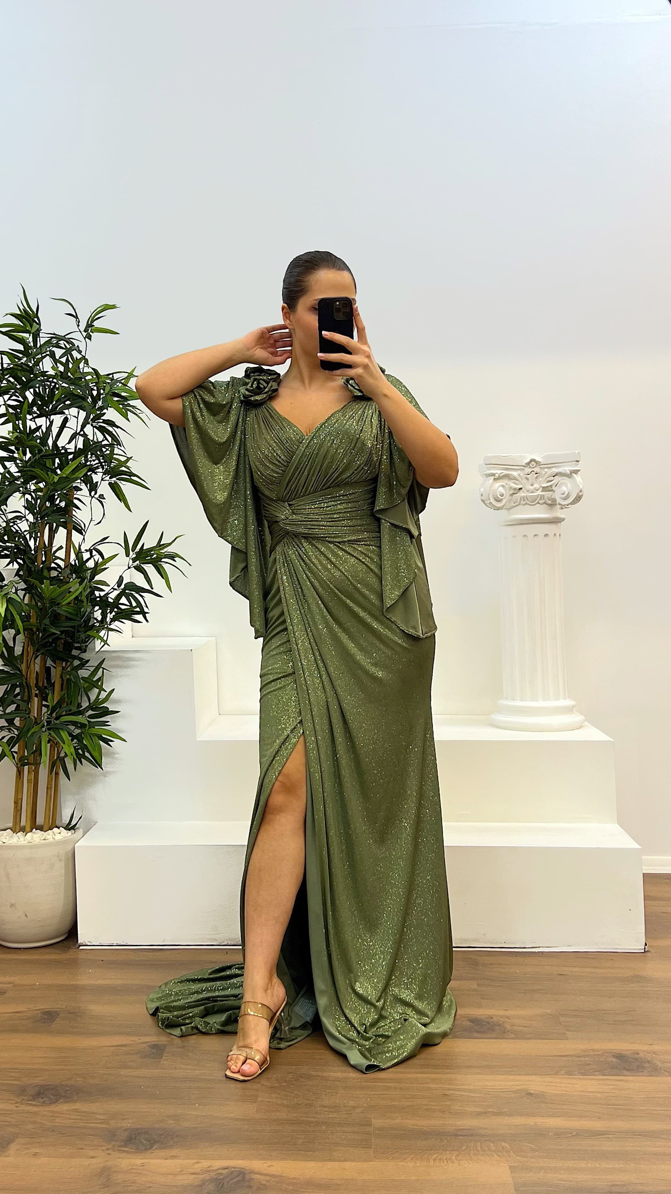 V-Neck Flower Detail Plus Size Silvery Evening Dress