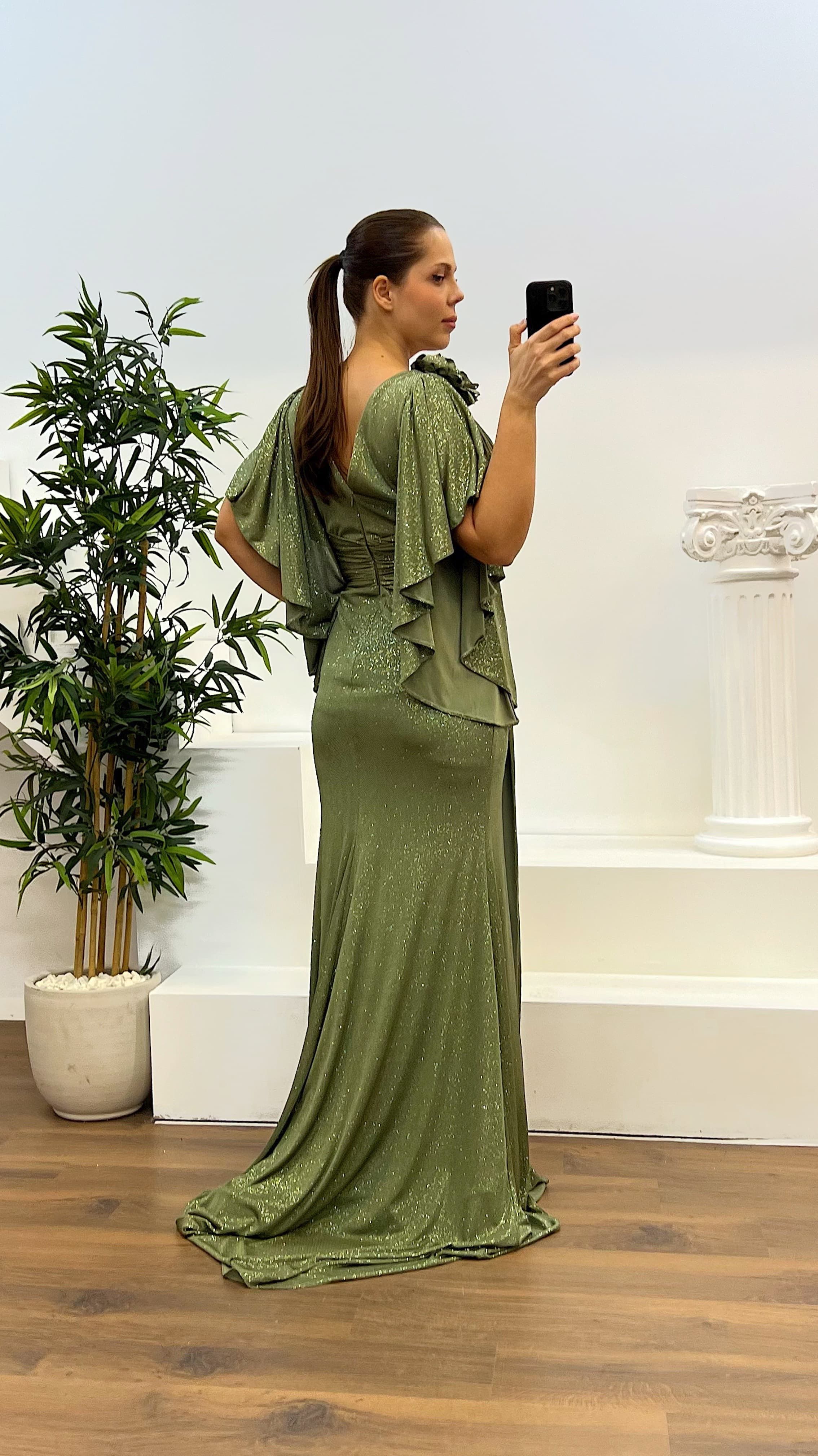 V-Neck Flower Detail Plus Size Silvery Evening Dress