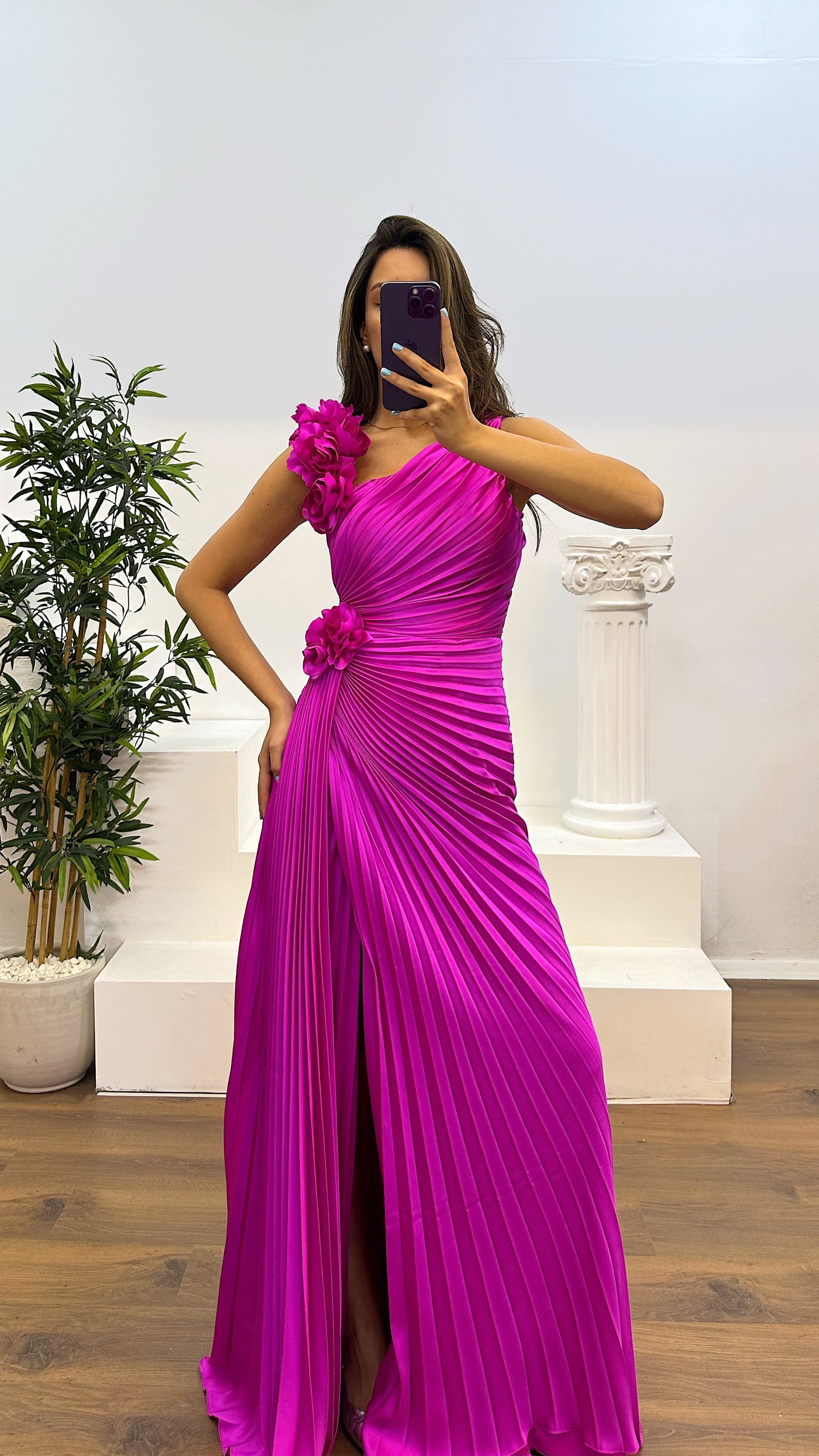 Floral Detail Pleated Evening Dress