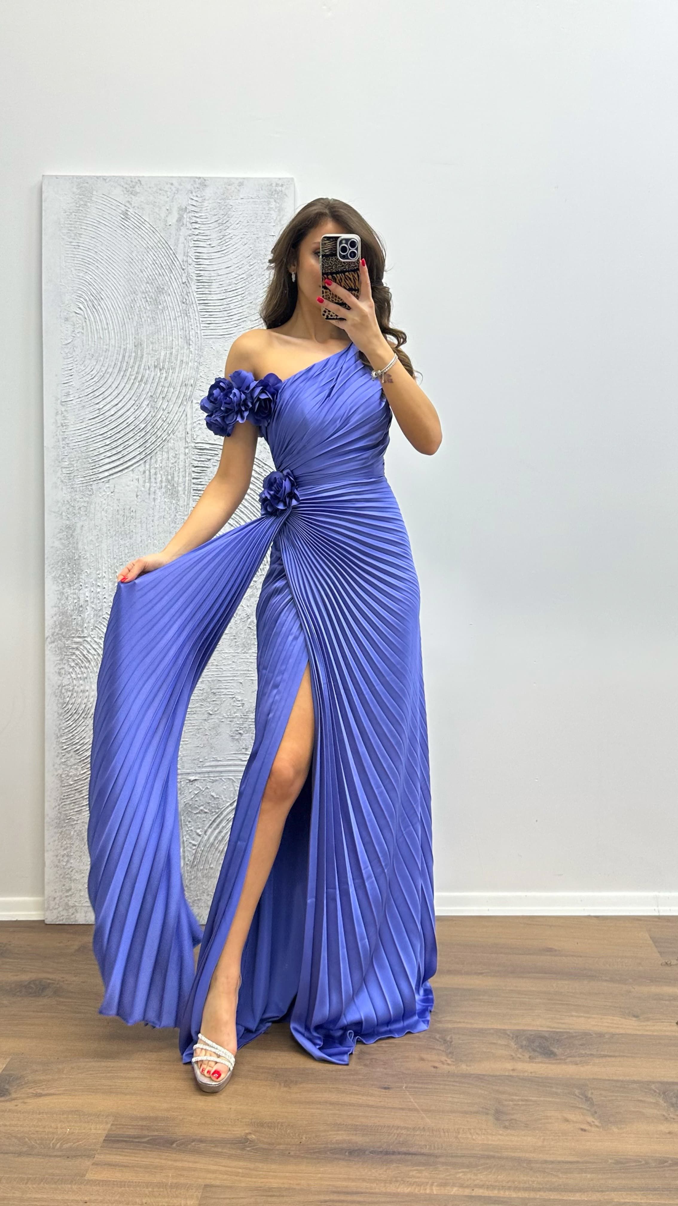 Floral Detail Pleated Evening Dress