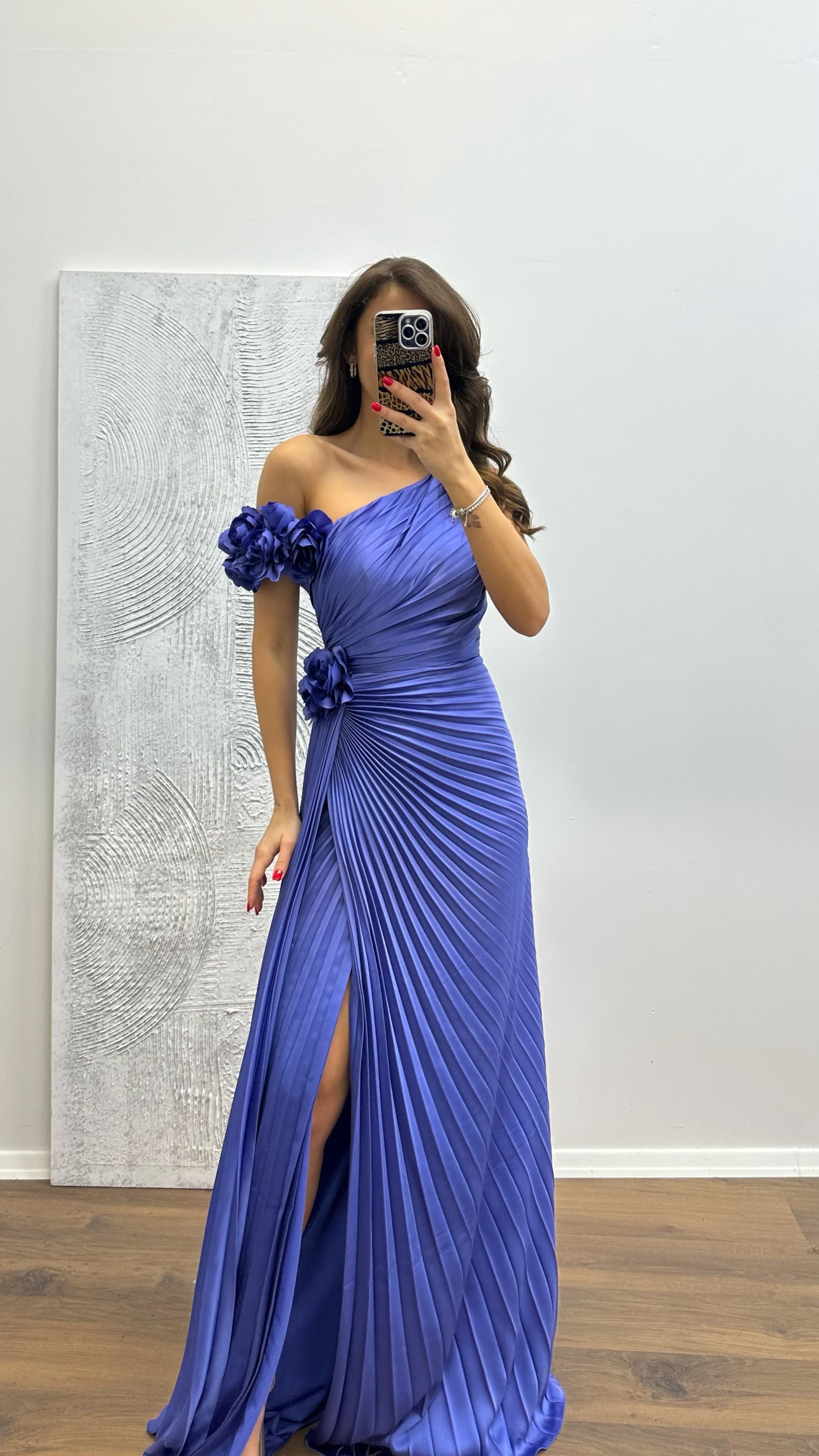 Floral Detail Pleated Evening Dress