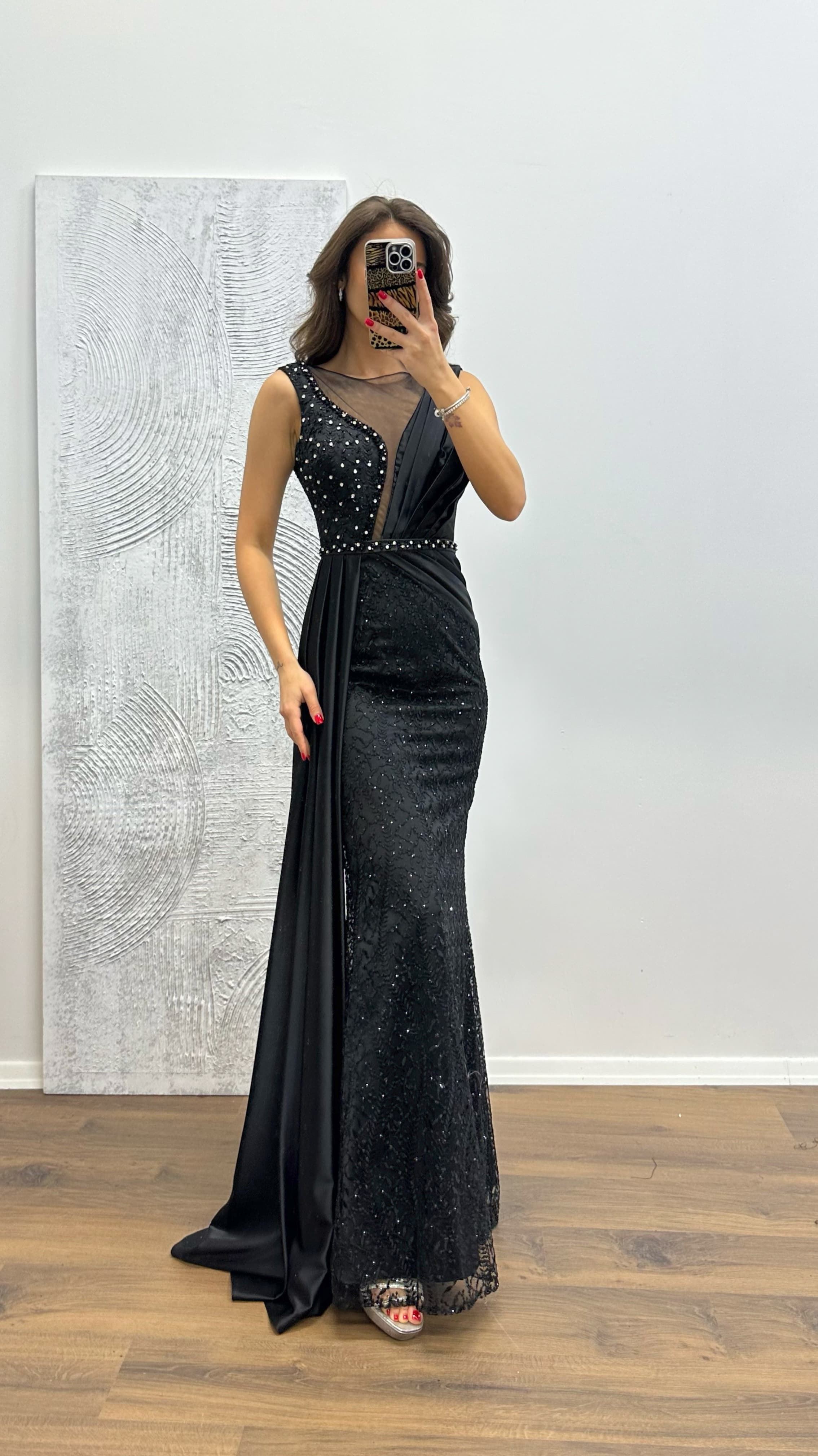 Embroidered Draped Satin Evening Dress
