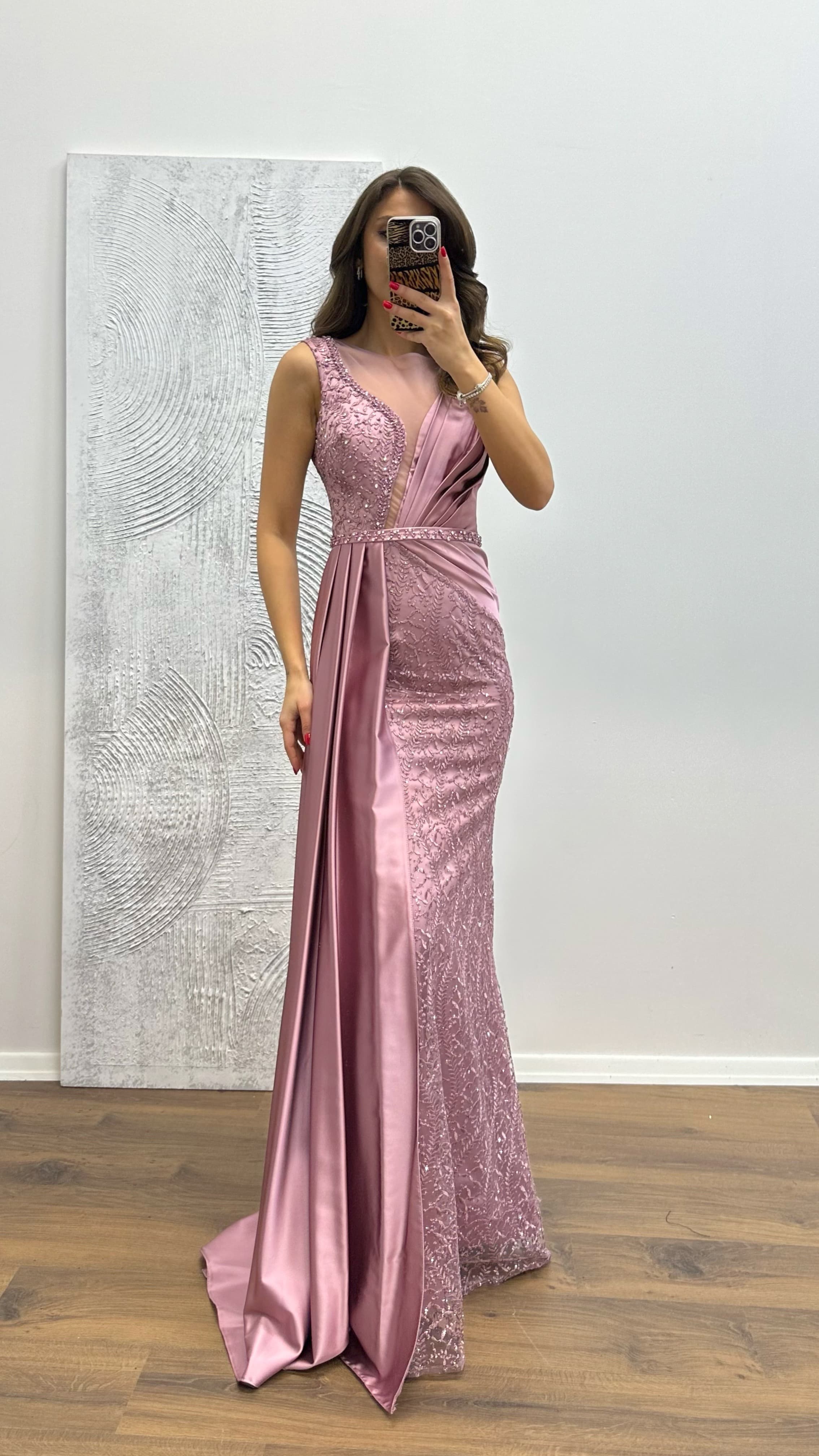 Embroidered Draped Satin Evening Dress