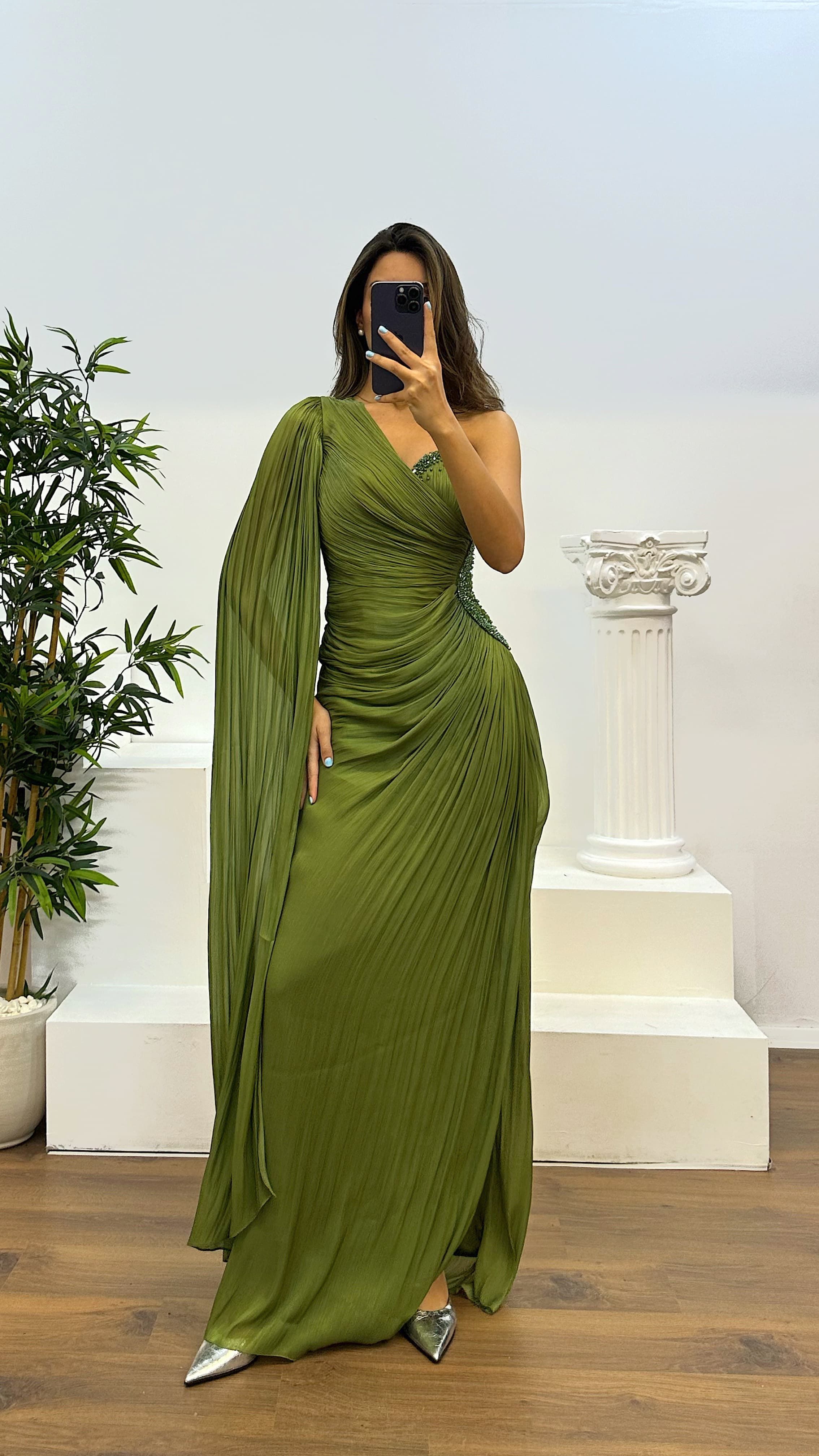 Single Sleeve Waist Detail Evening Dress