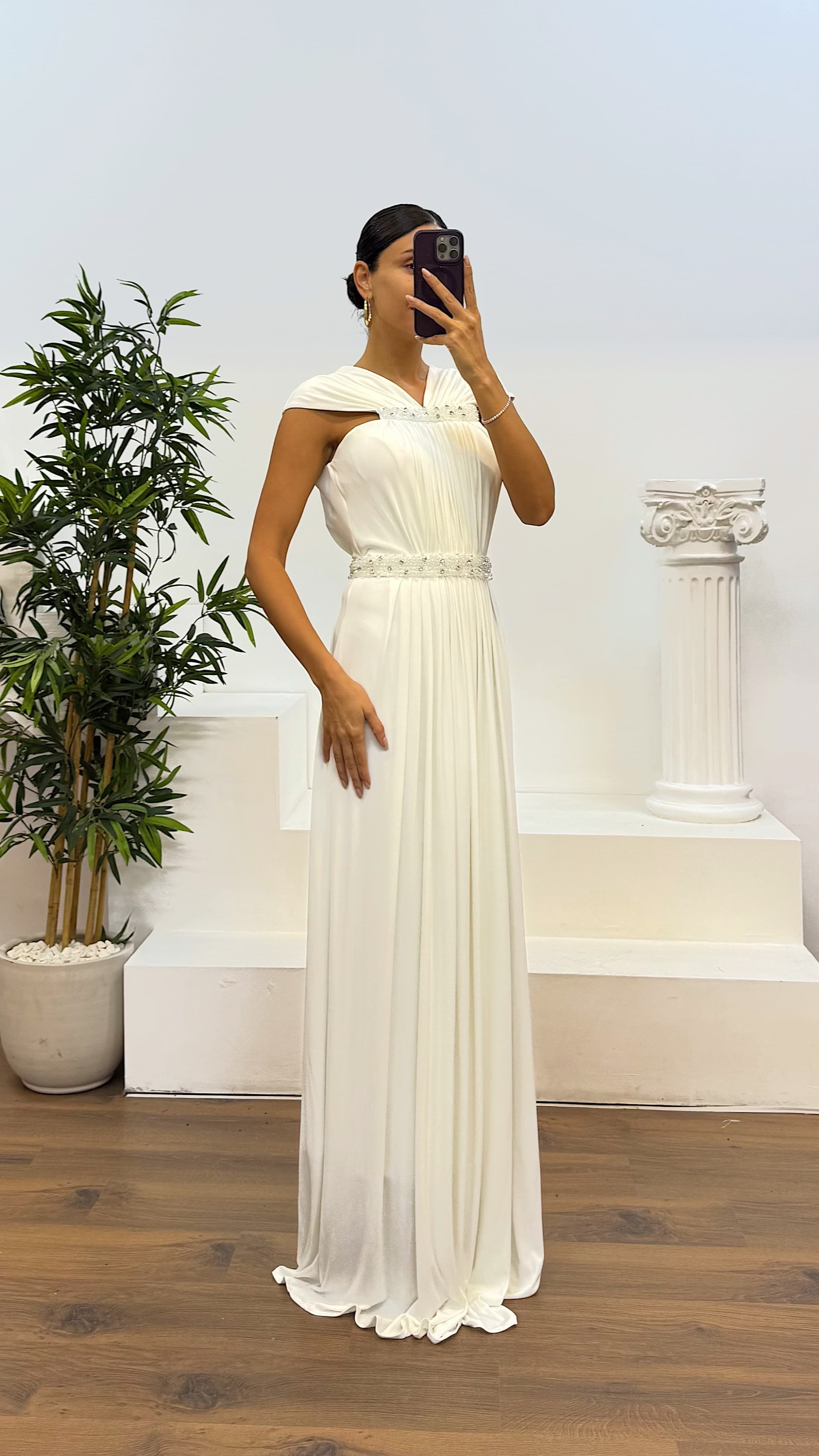 Waist and Neck Embroidery Detail Evening Dress