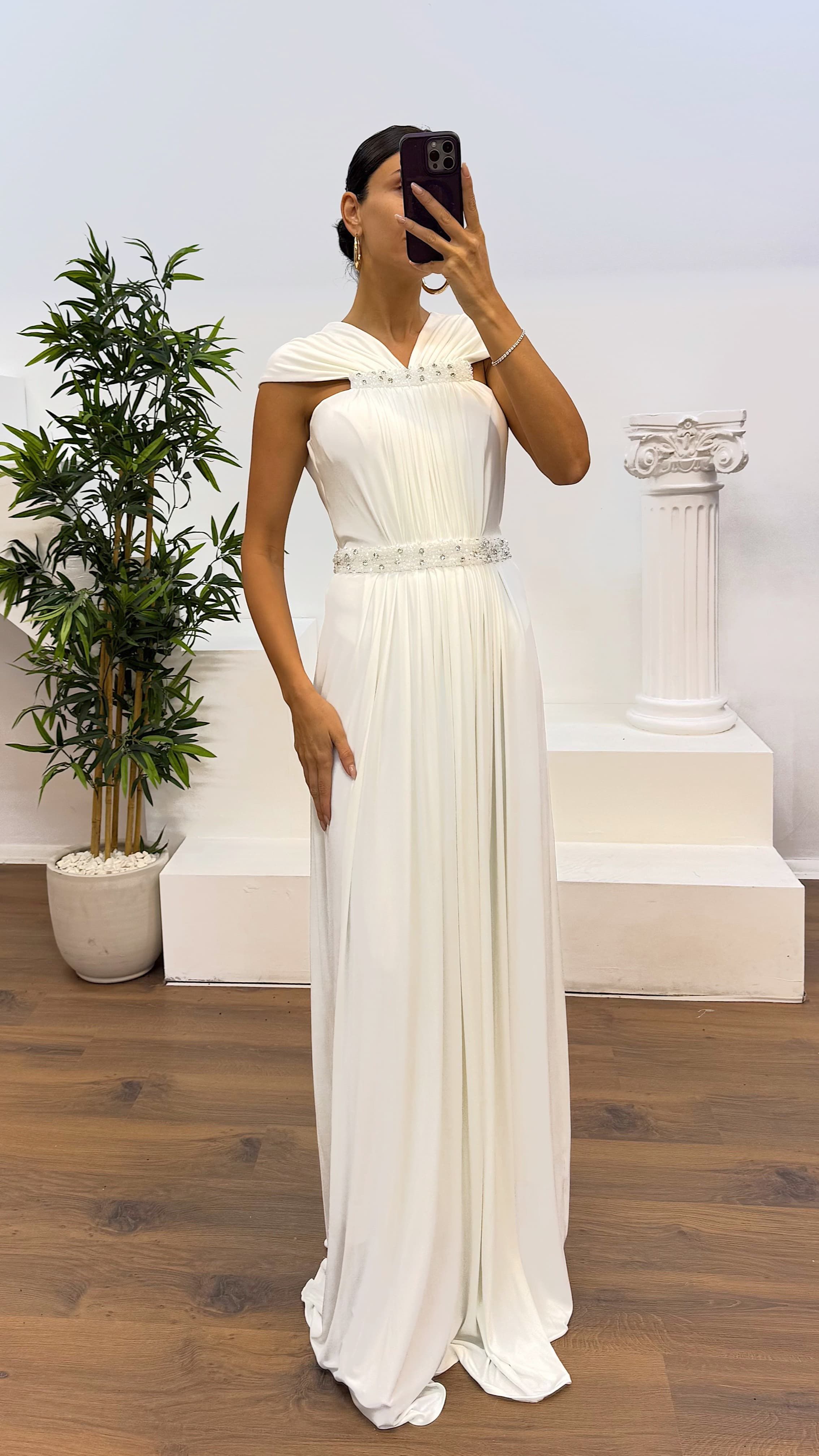 Waist and Neck Embroidery Detail Evening Dress