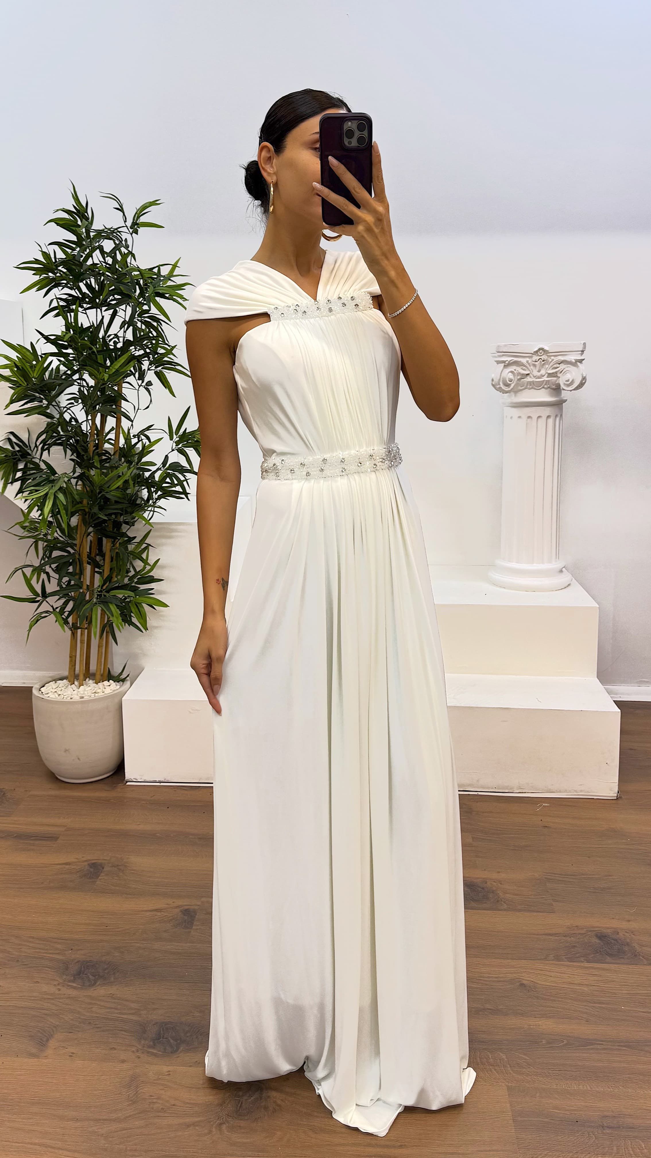 Waist and Neck Embroidery Detail Evening Dress