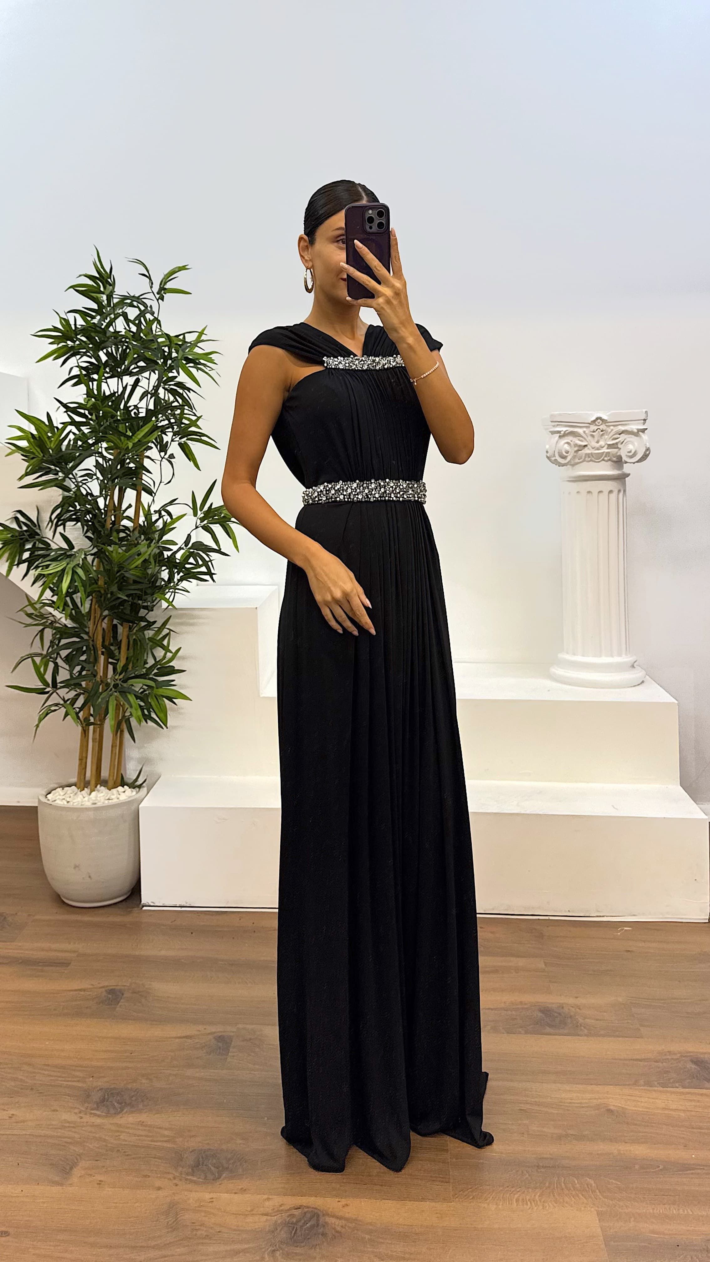 Waist and Neck Embroidery Detail Evening Dress
