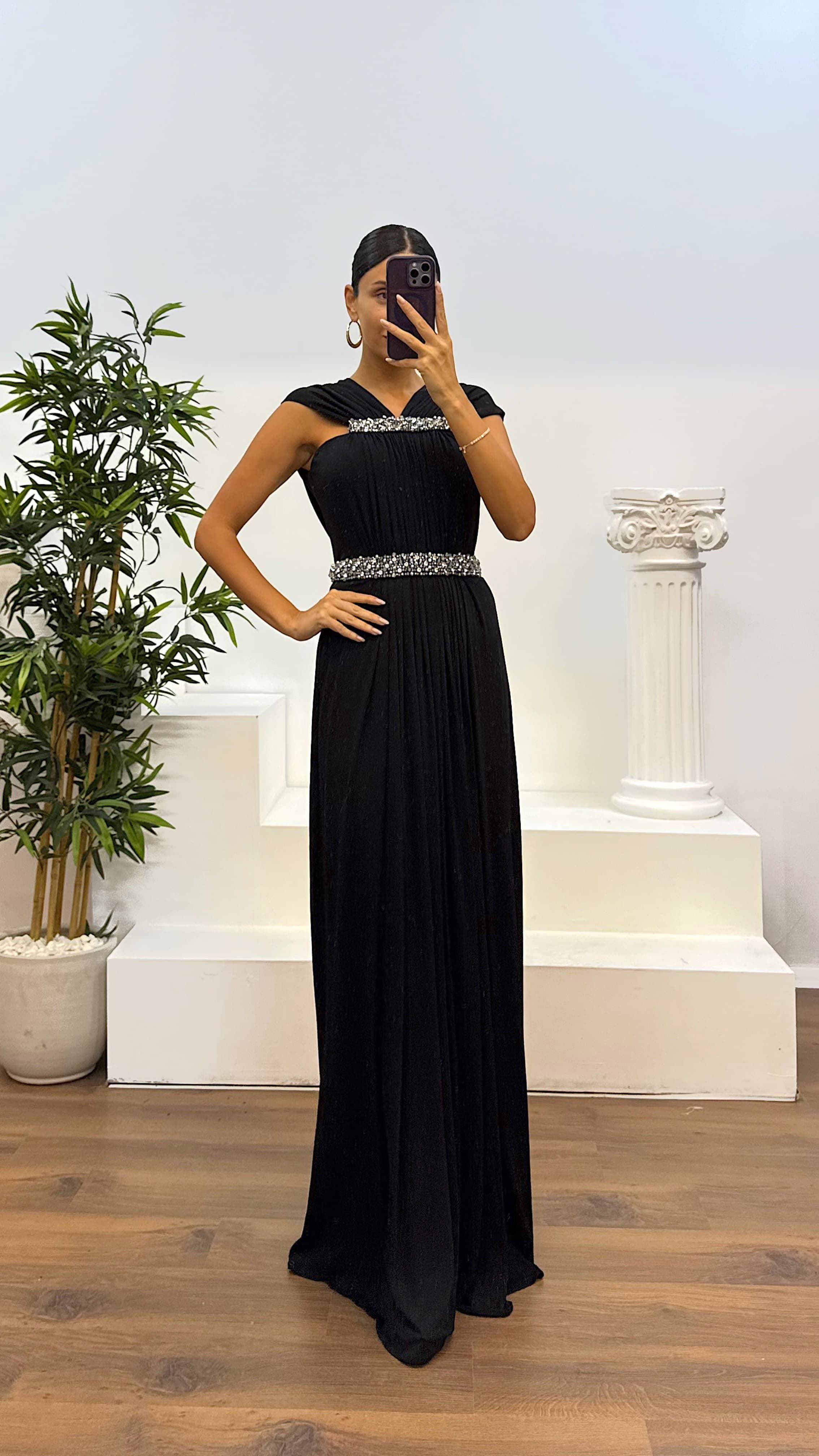 Waist and Neck Embroidery Detail Evening Dress