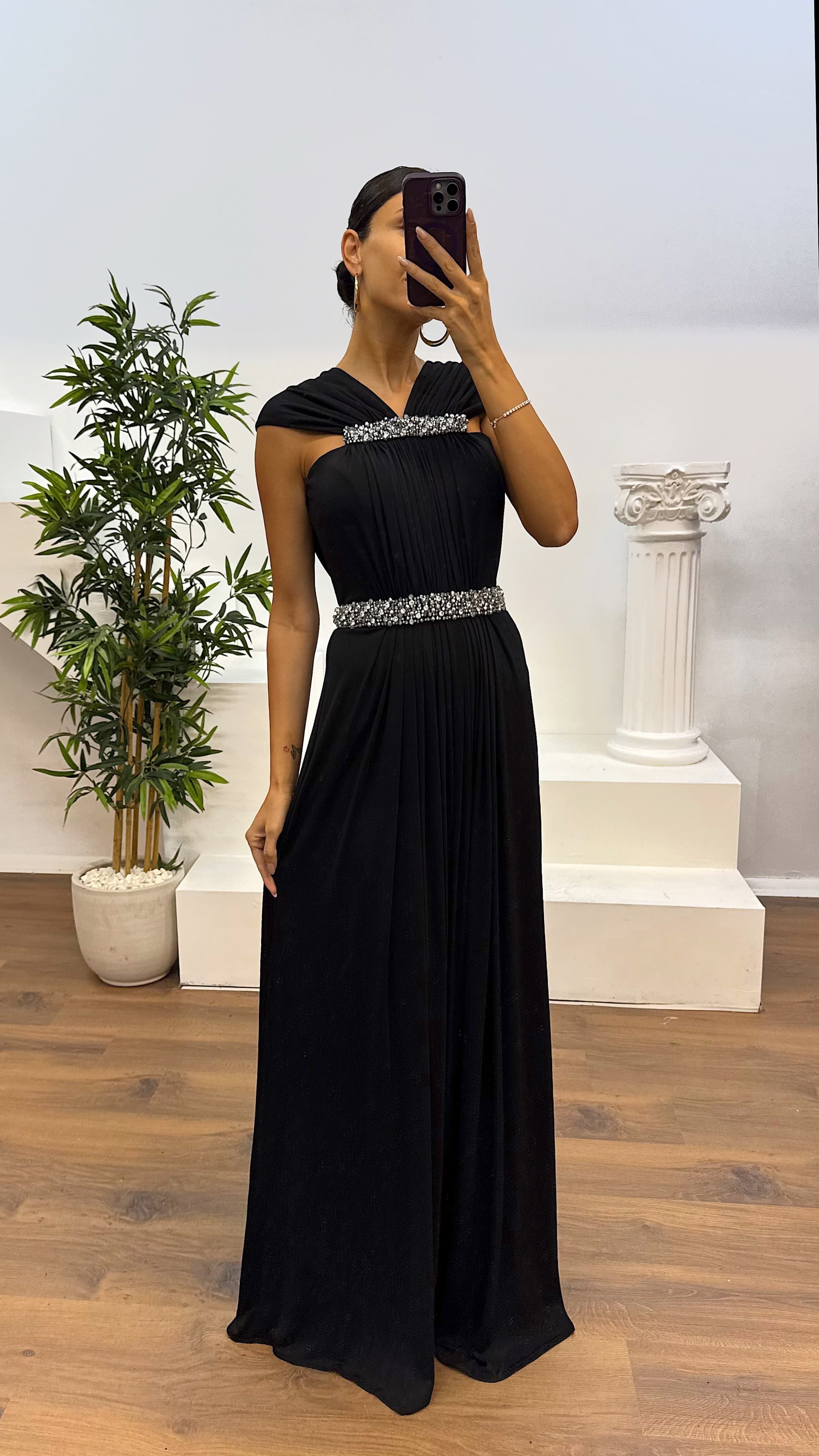 Waist and Neck Embroidery Detail Evening Dress