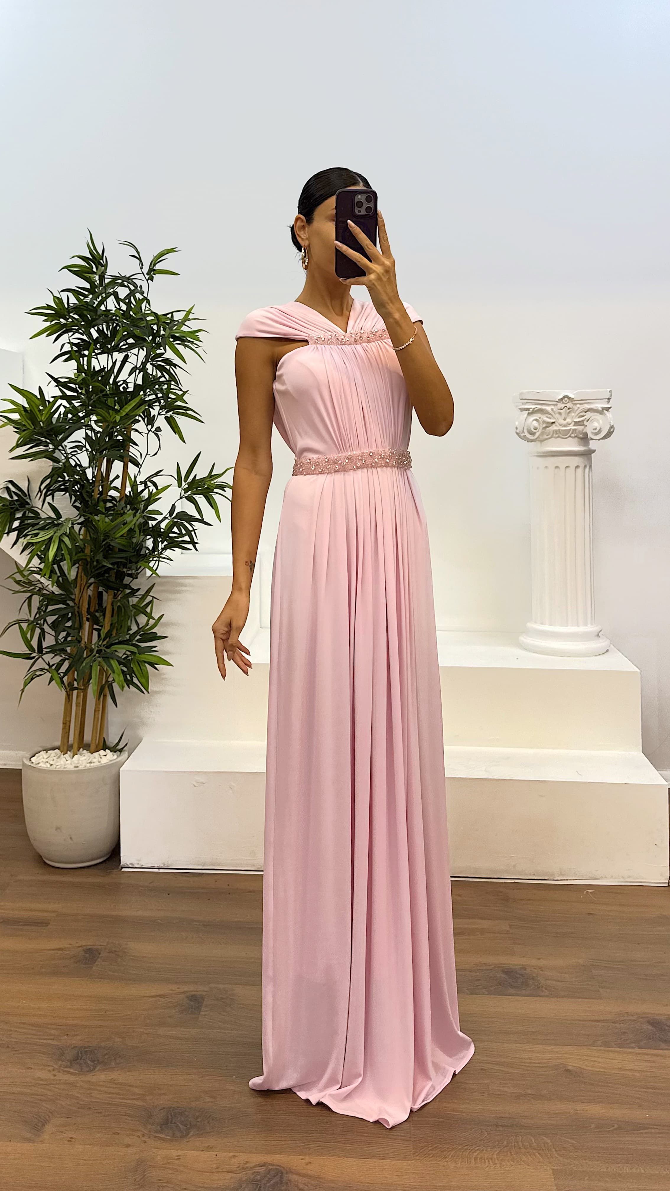 Waist and Neck Embroidery Detail Evening Dress