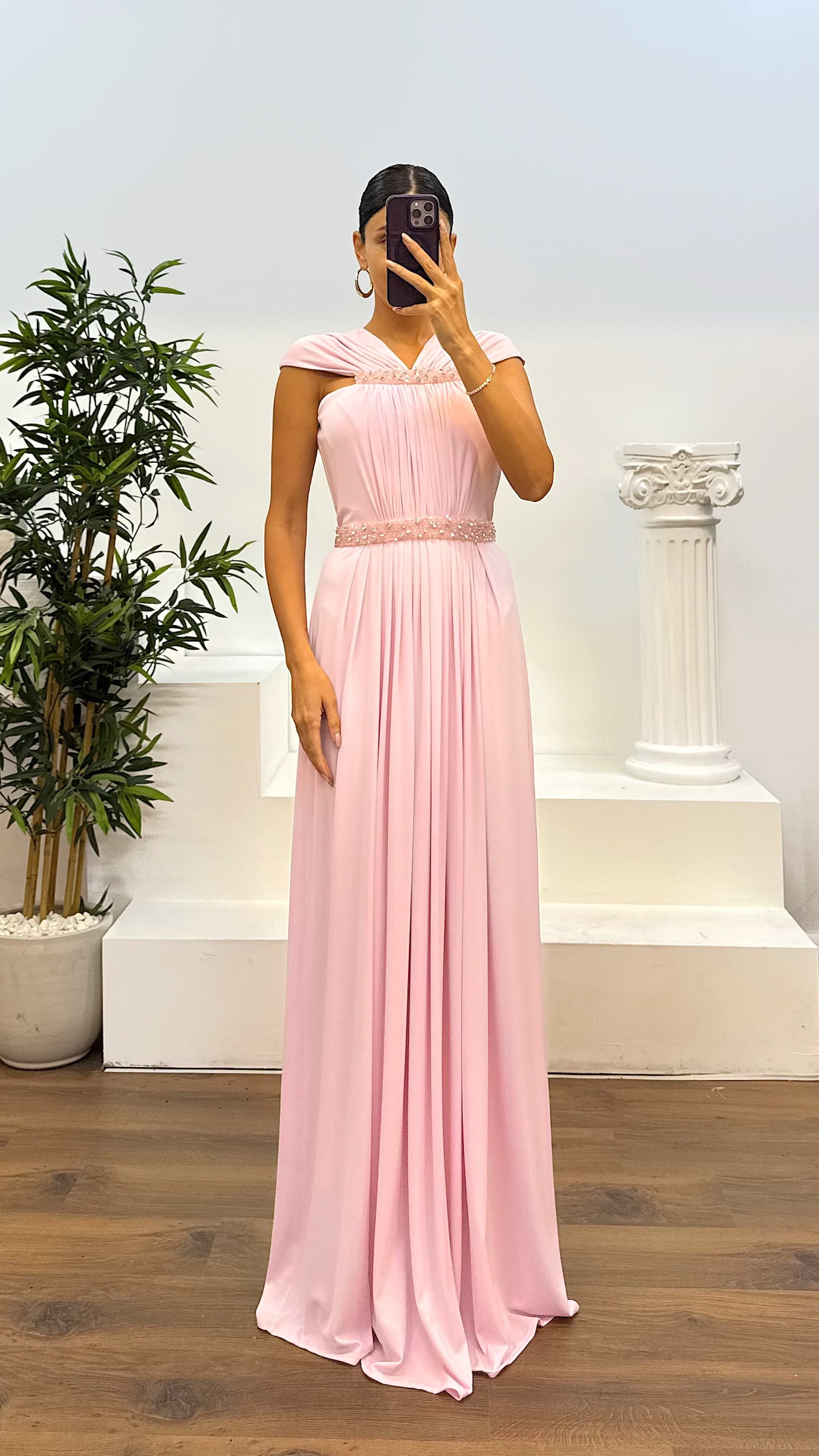 Waist and Neck Embroidery Detail Evening Dress