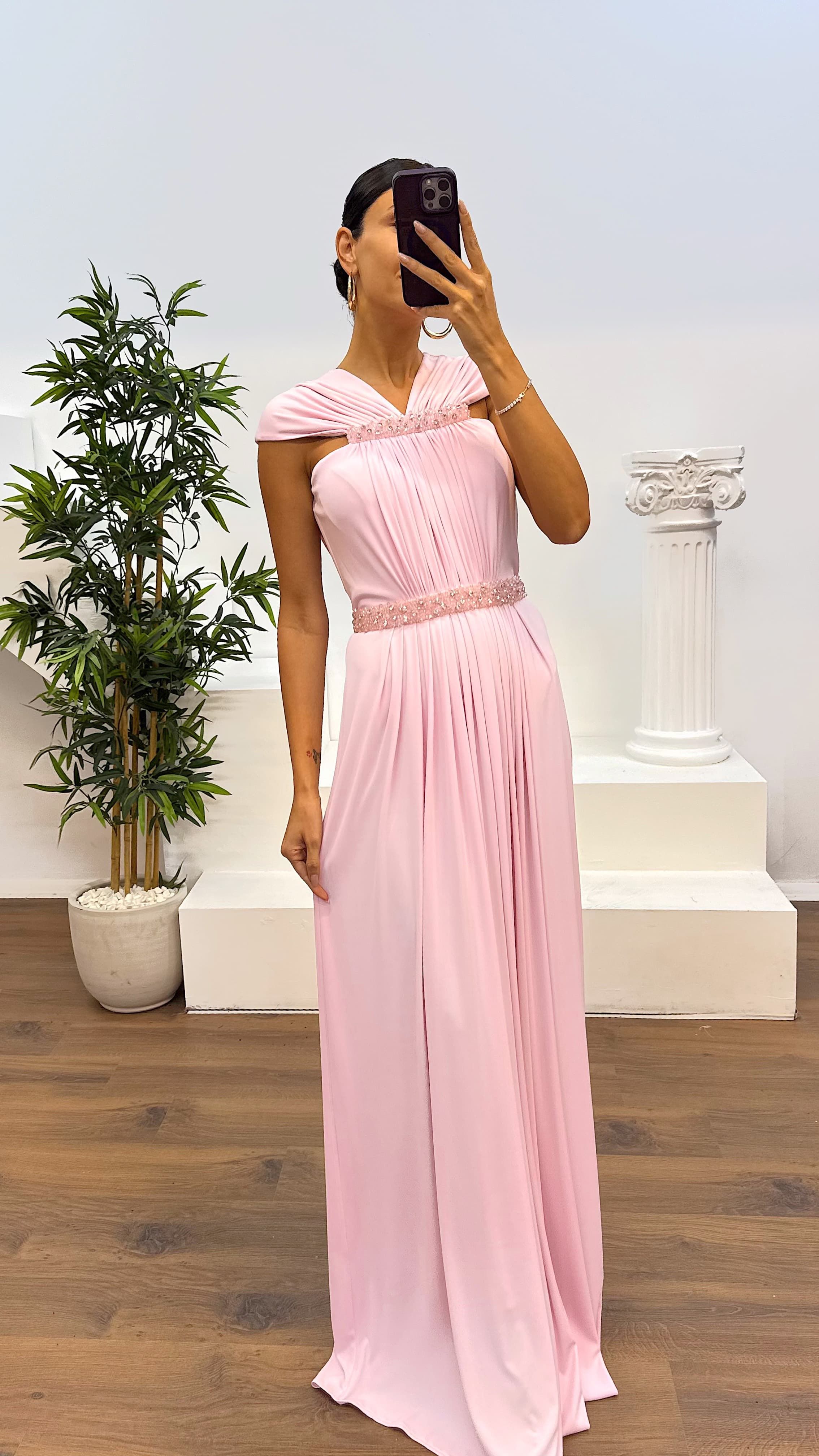 Waist and Neck Embroidery Detail Evening Dress