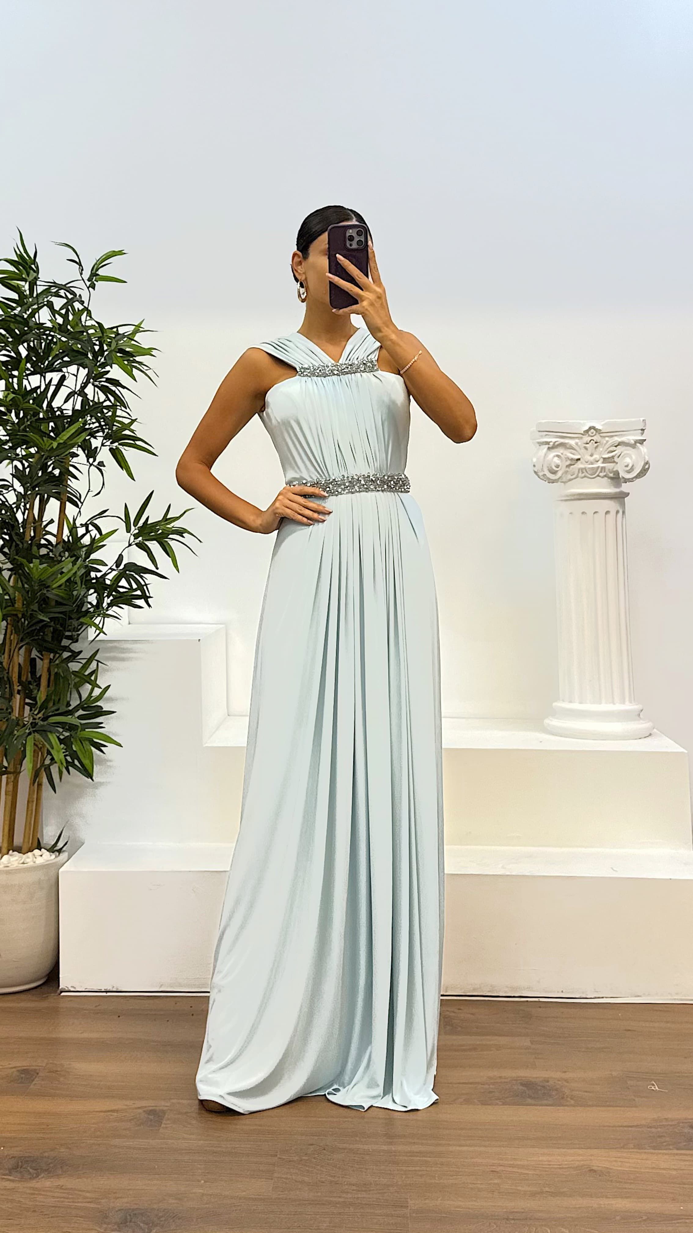 Waist and Neck Embroidery Detail Evening Dress