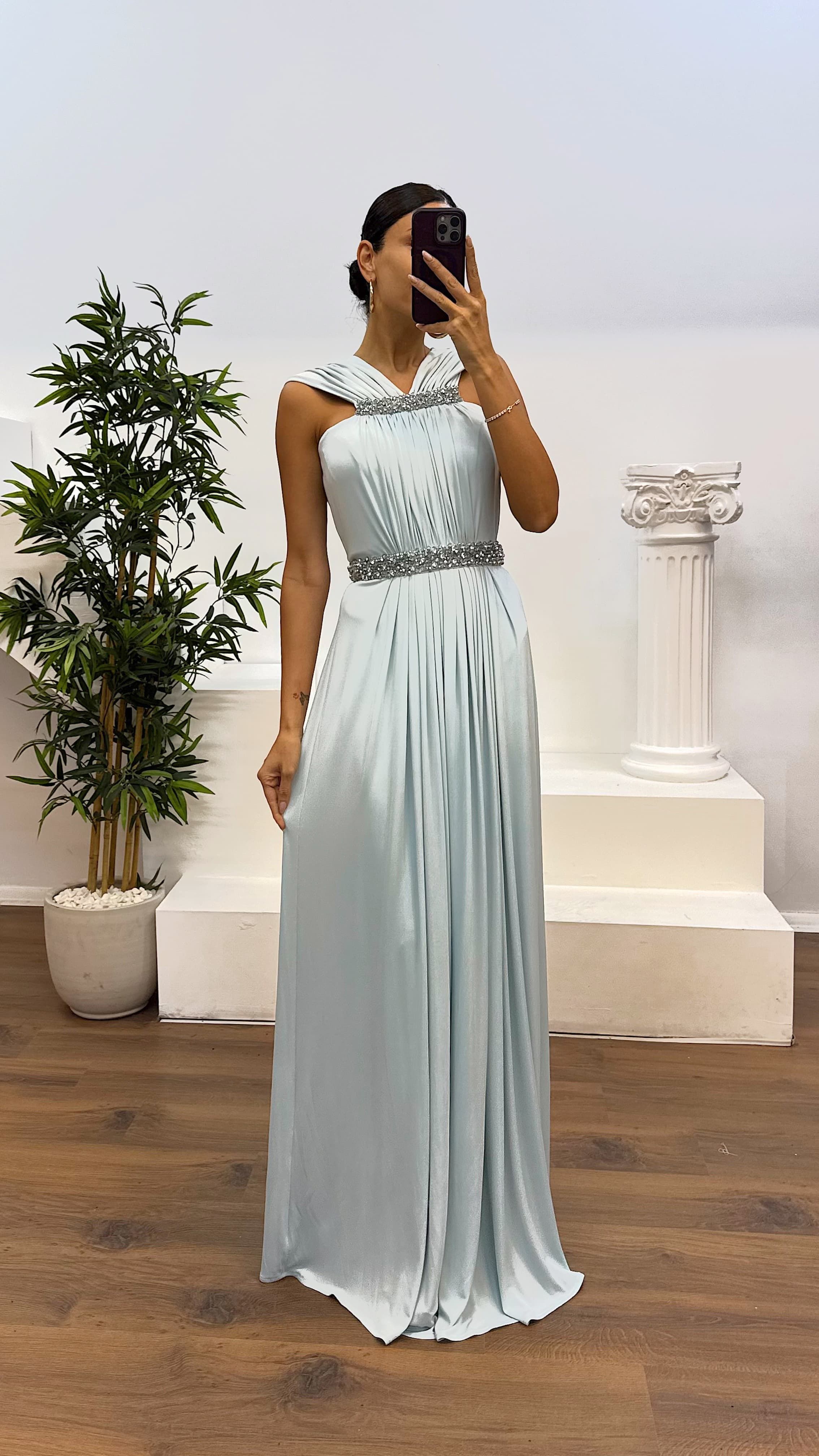 Waist and Neck Embroidery Detail Evening Dress