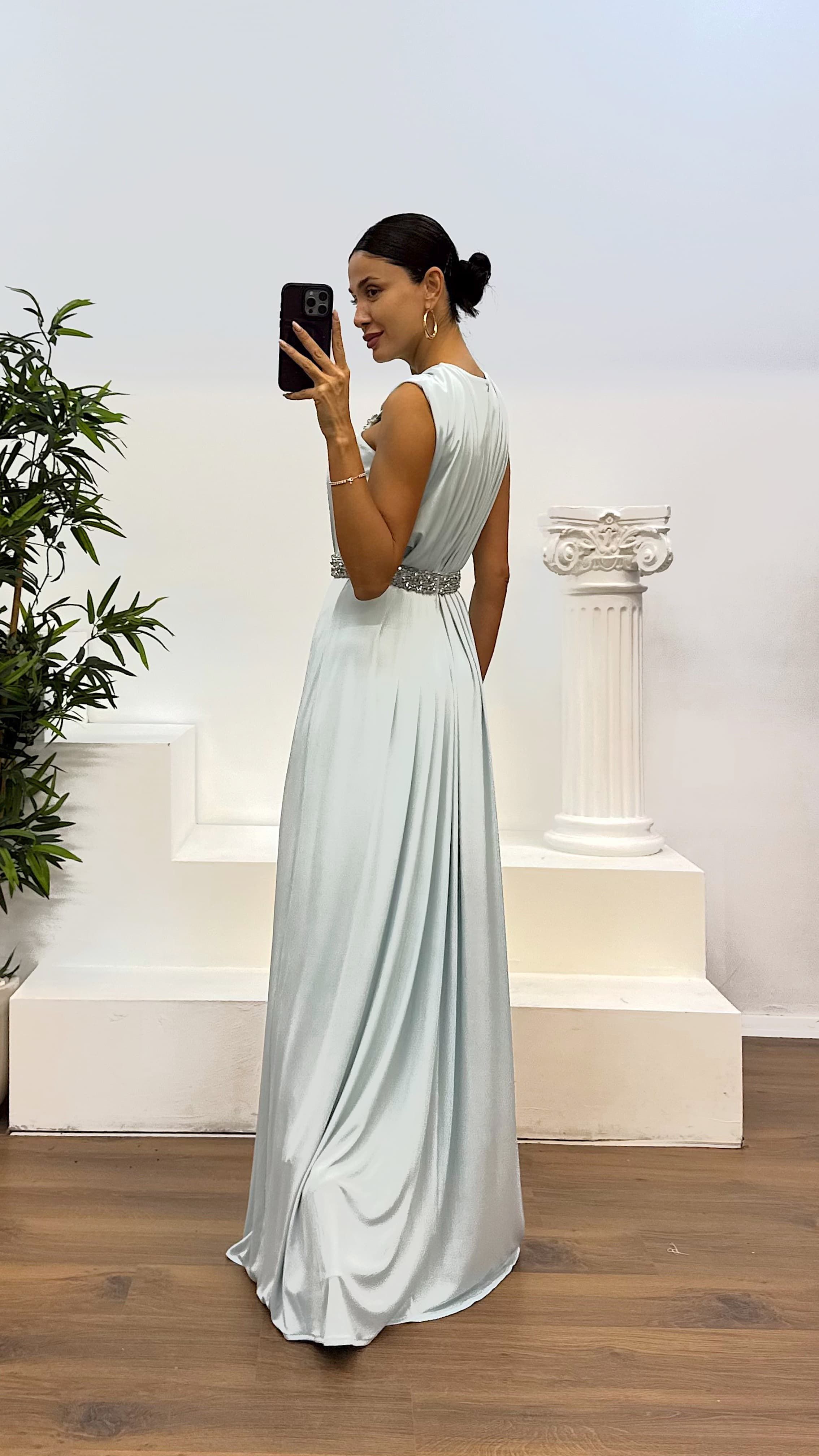 Waist and Neck Embroidery Detail Evening Dress