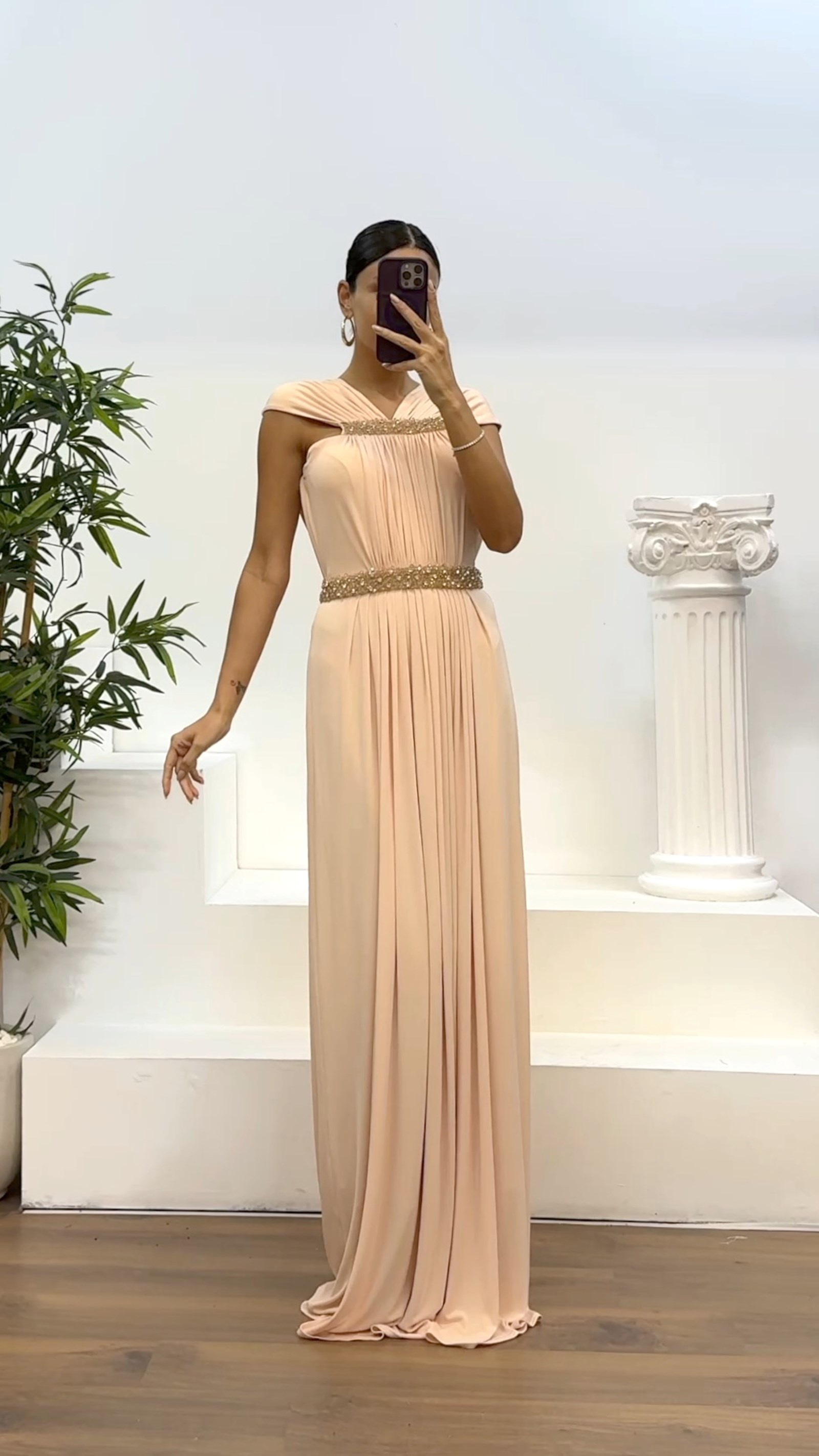 Waist and Neck Embroidery Detail Evening Dress